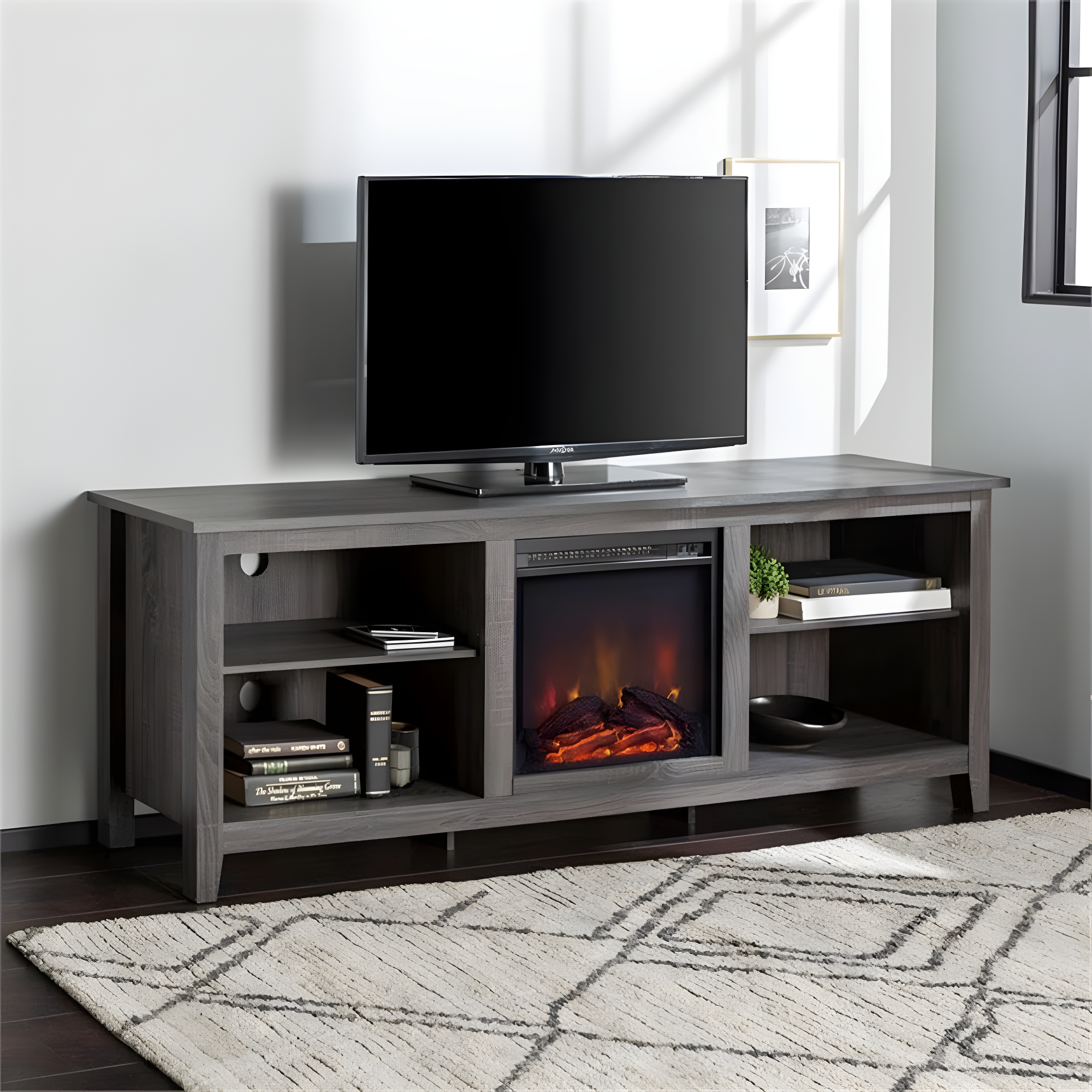 we furniture 70" wood media tv stand console with fireplace - charcoal