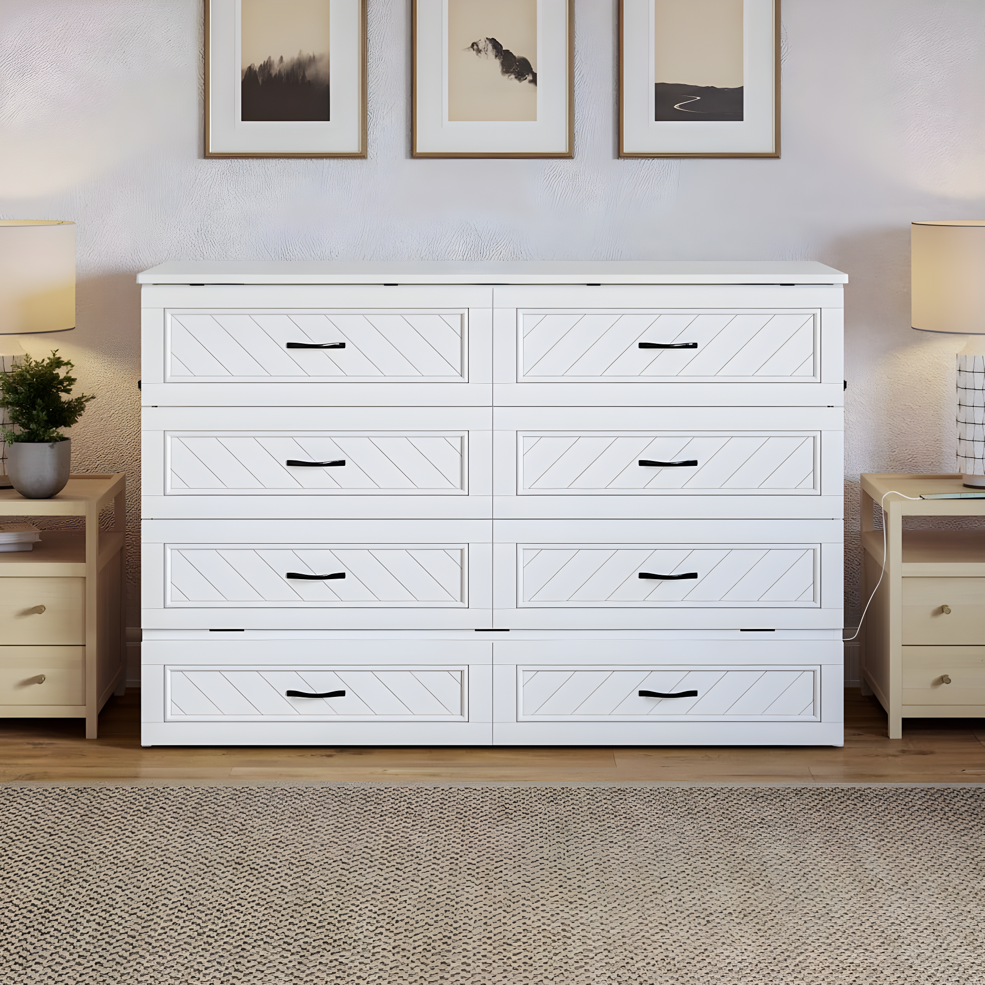 AFI Alpine Queen Wood Murphy Bed Chest with Mattress and Built-in Charger, White