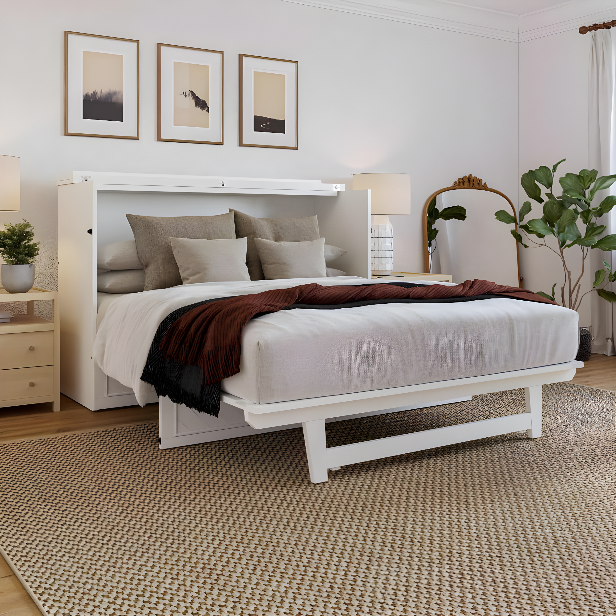 AFI Alpine Queen Wood Murphy Bed Chest with Mattress and Built-in Charger, White