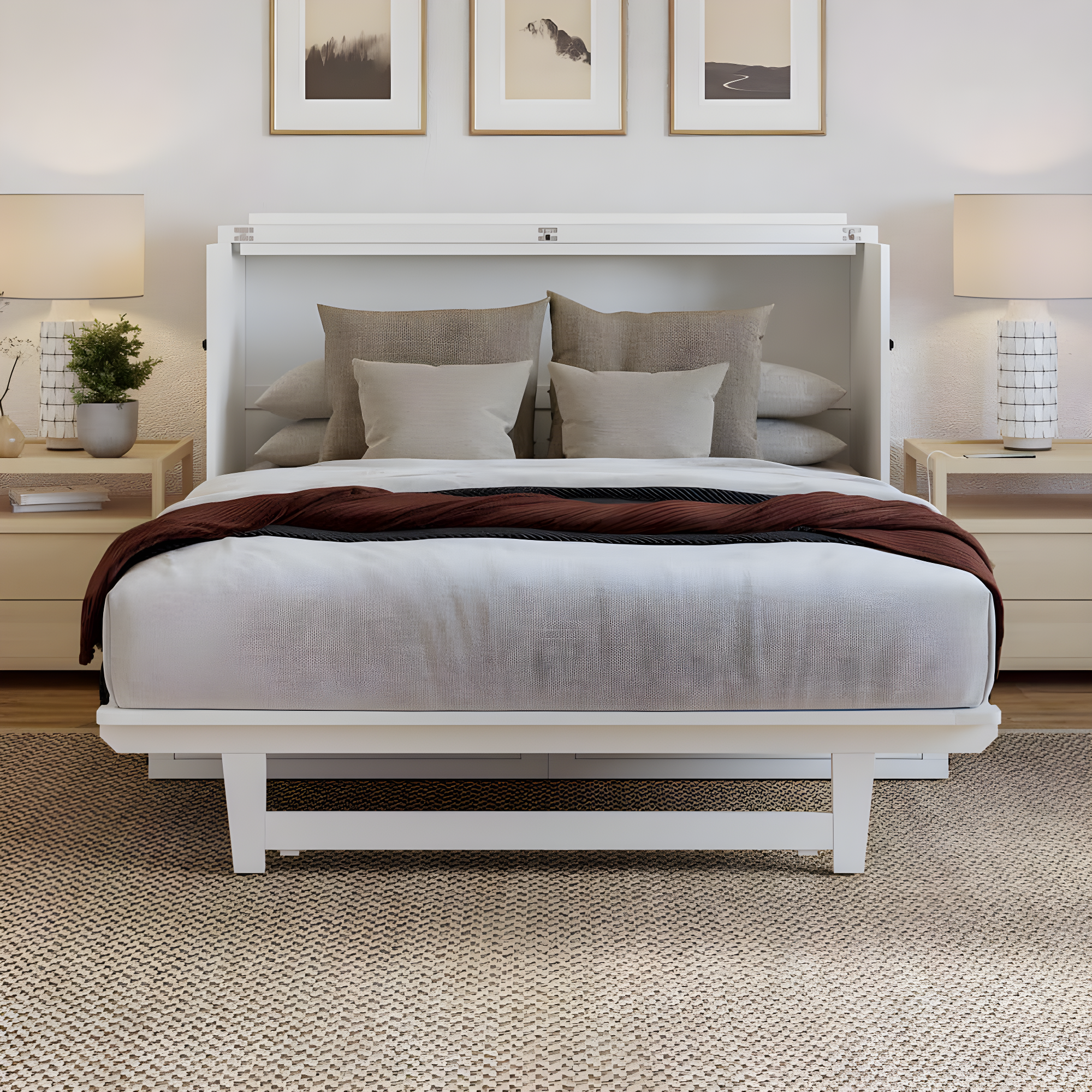 AFI Alpine Queen Wood Murphy Bed Chest with Mattress and Built-in Charger, White