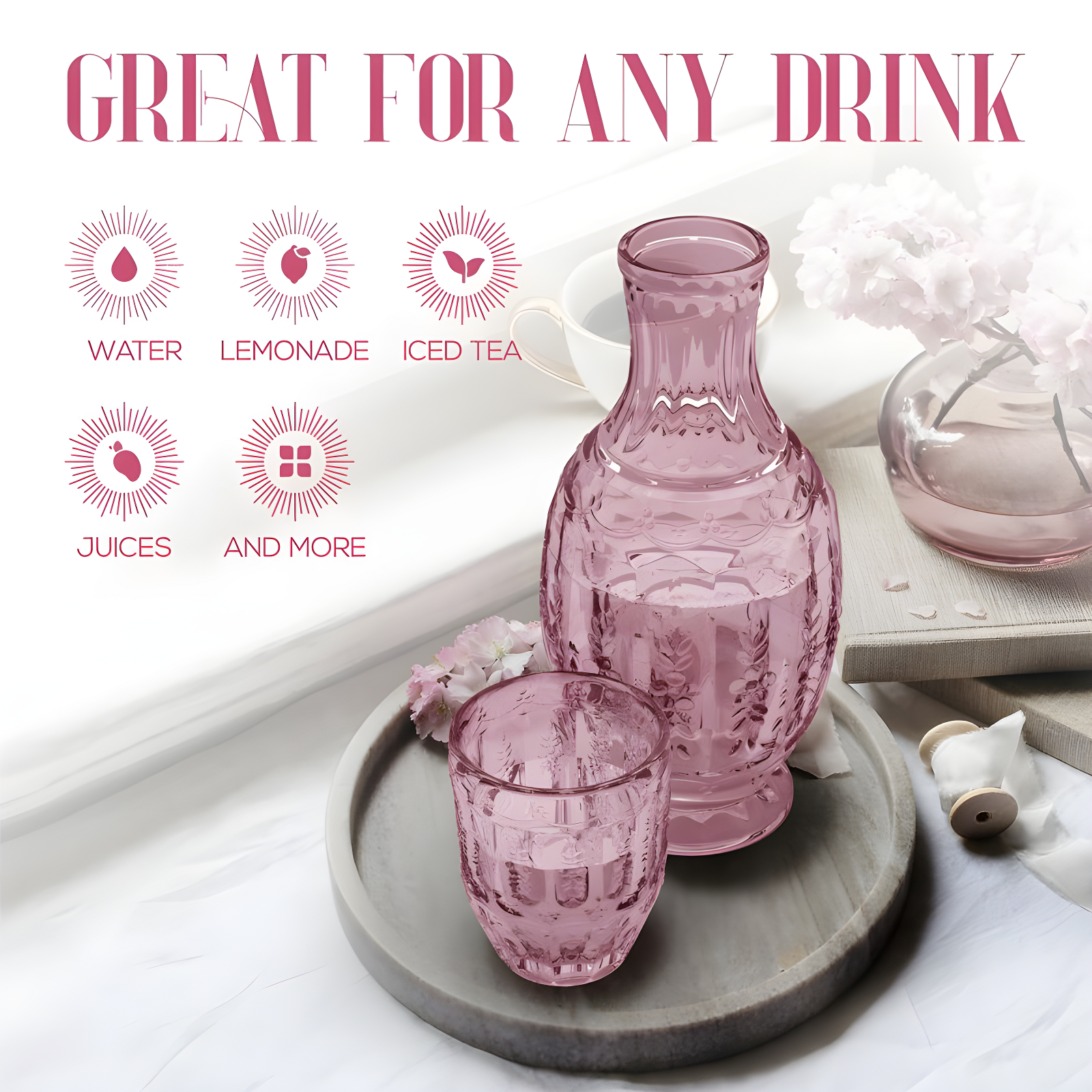 Elle Decor 2-Piece Carafe and Cup Set, Vintage Pink | Wayfair