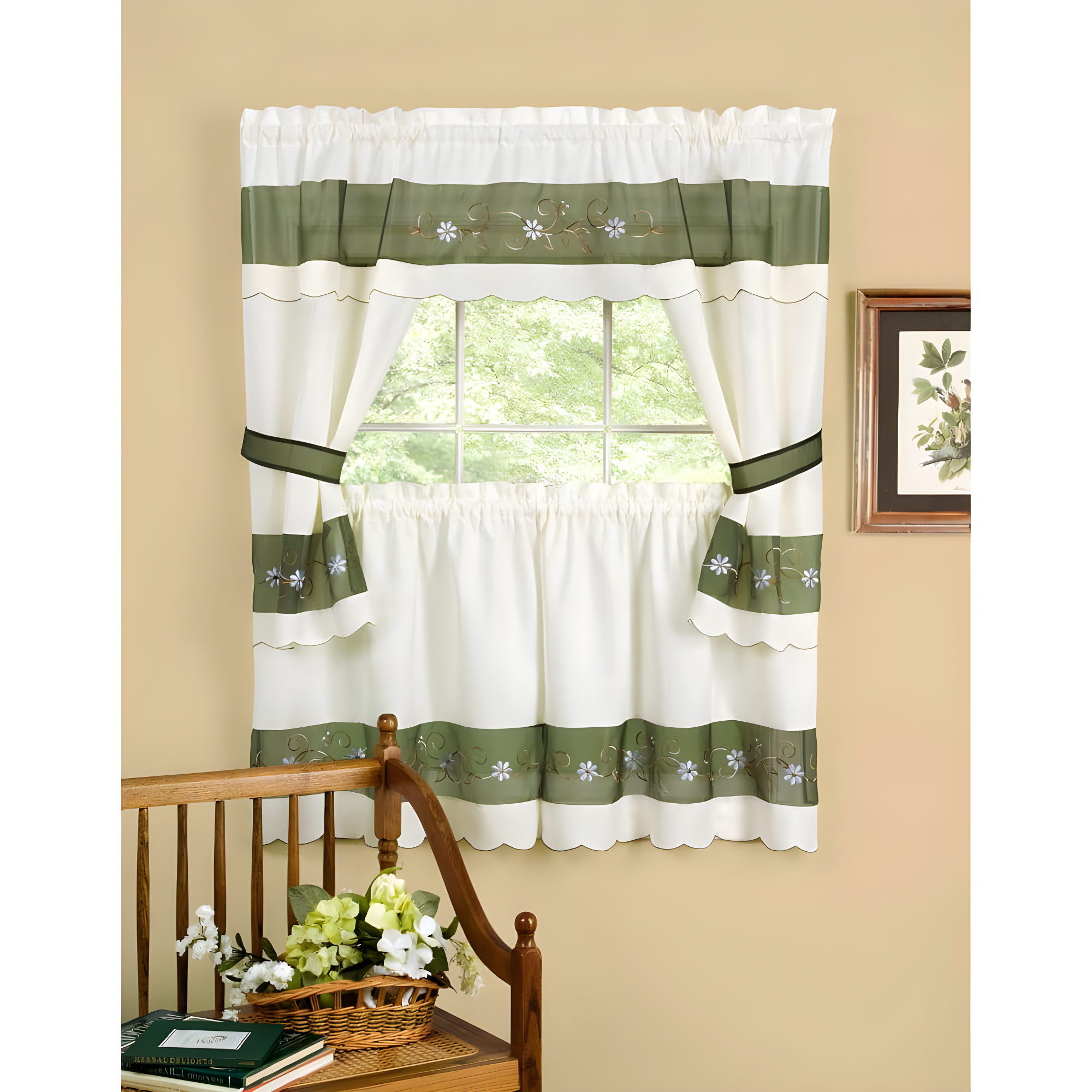 Achim Home Furnishing Berkshire Window Kitchen Curtains 3-Piece Embellished Cottage Set - 56" (W) x 36" (L) Complete Set, Green