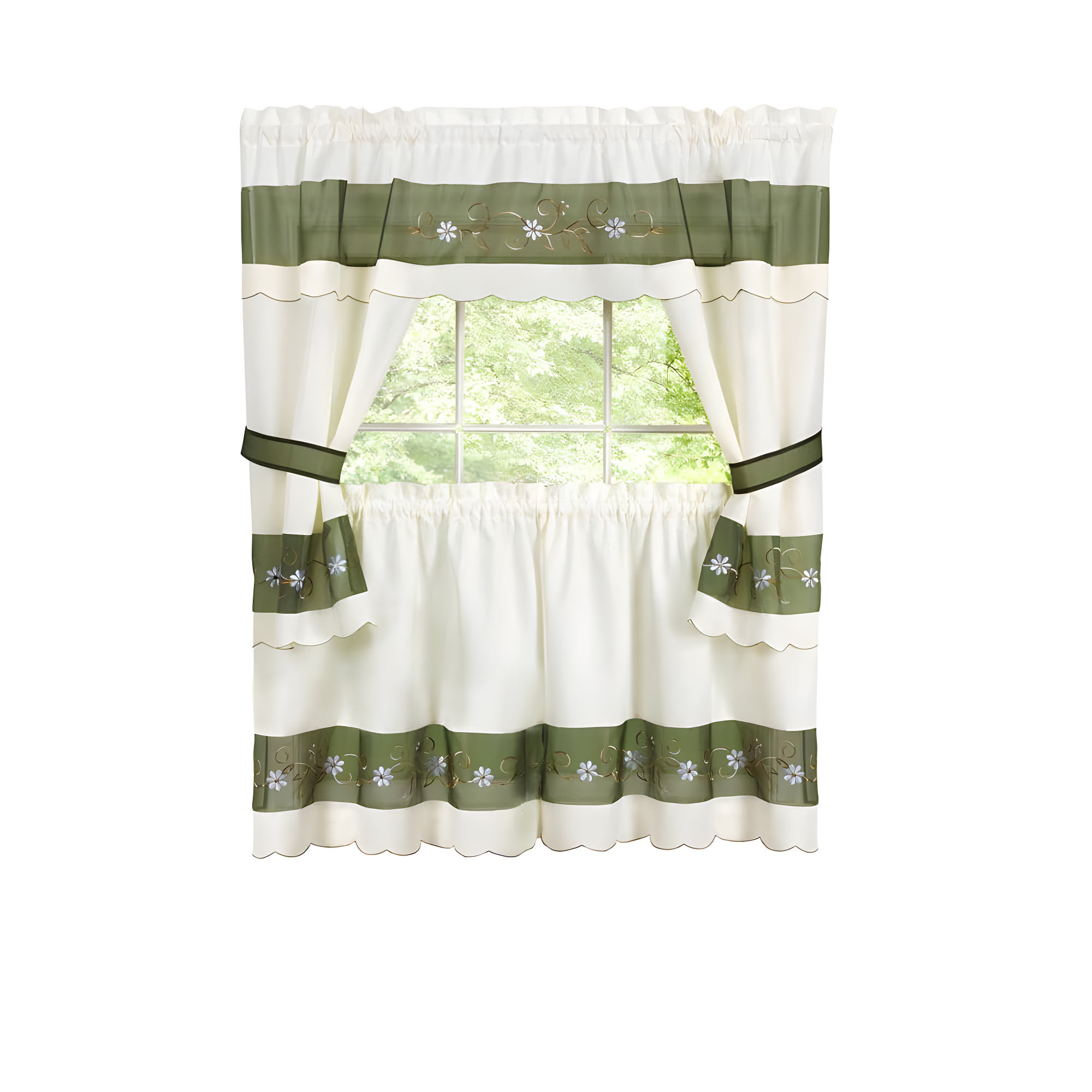 Achim Home Furnishing Berkshire Window Kitchen Curtains 3-Piece Embellished Cottage Set - 56" (W) x 36" (L) Complete Set, Green
