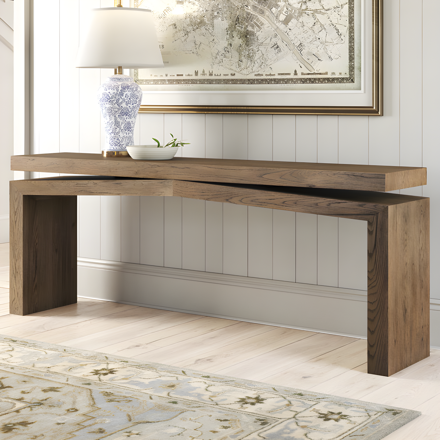 Rustic Gray Oak Veneer Console Table with Storage