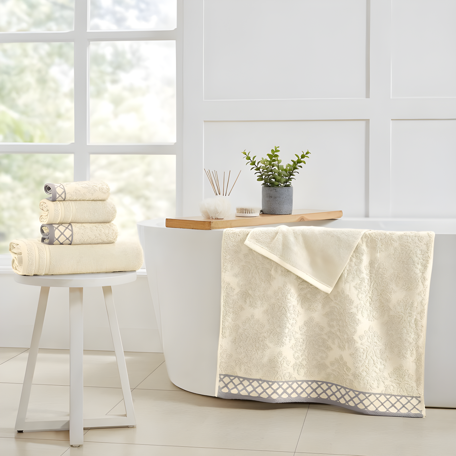 Modern Threads Modern Threads 6-Piece Damask Jacquard/Solid Ultra Soft 550GSM 100% Combed Cotton Towel Set with Embellished Borders