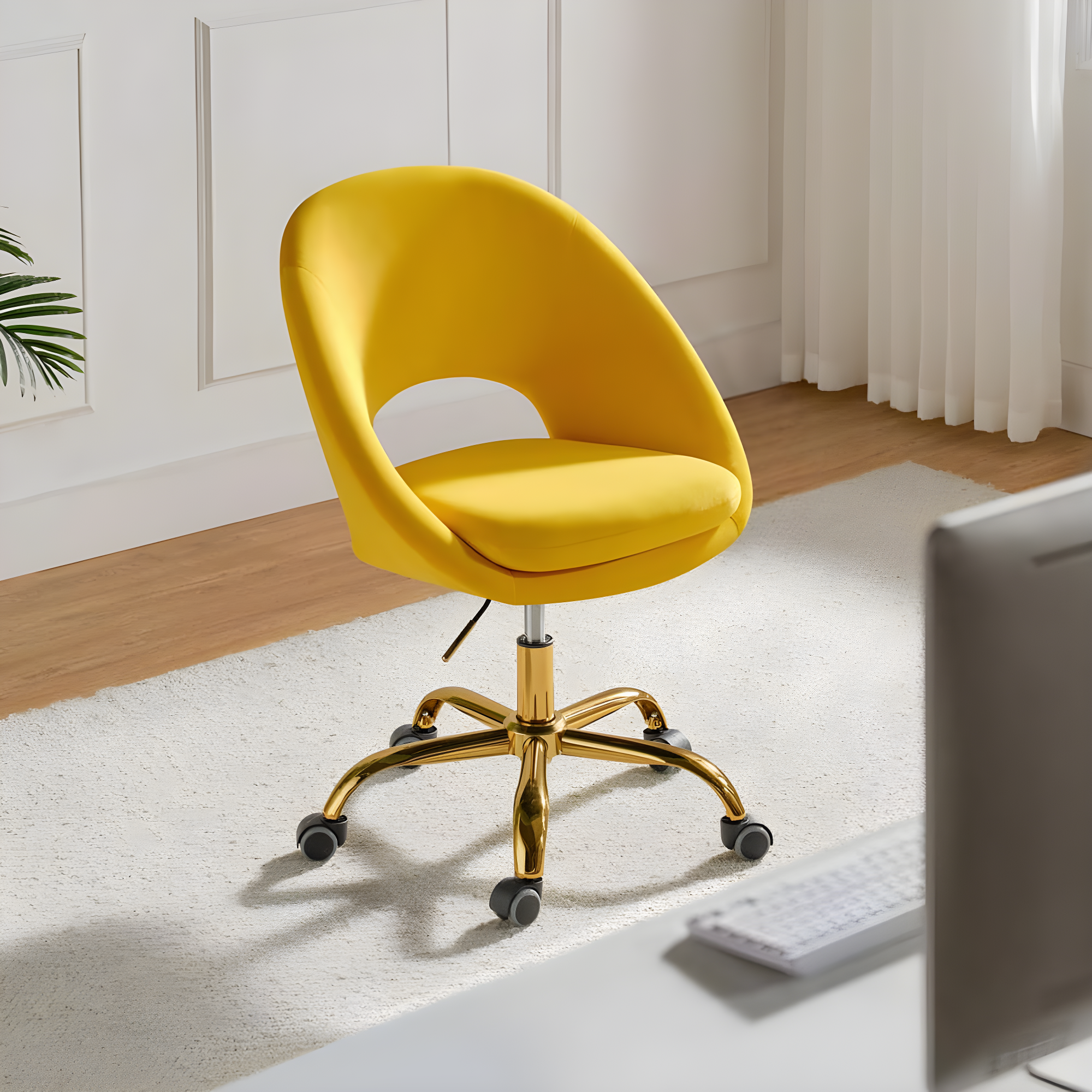 Velvet Home Office Chair for Teens, Adjustable Height & 360° Swivel Cute Computer Task Chair, Yellow