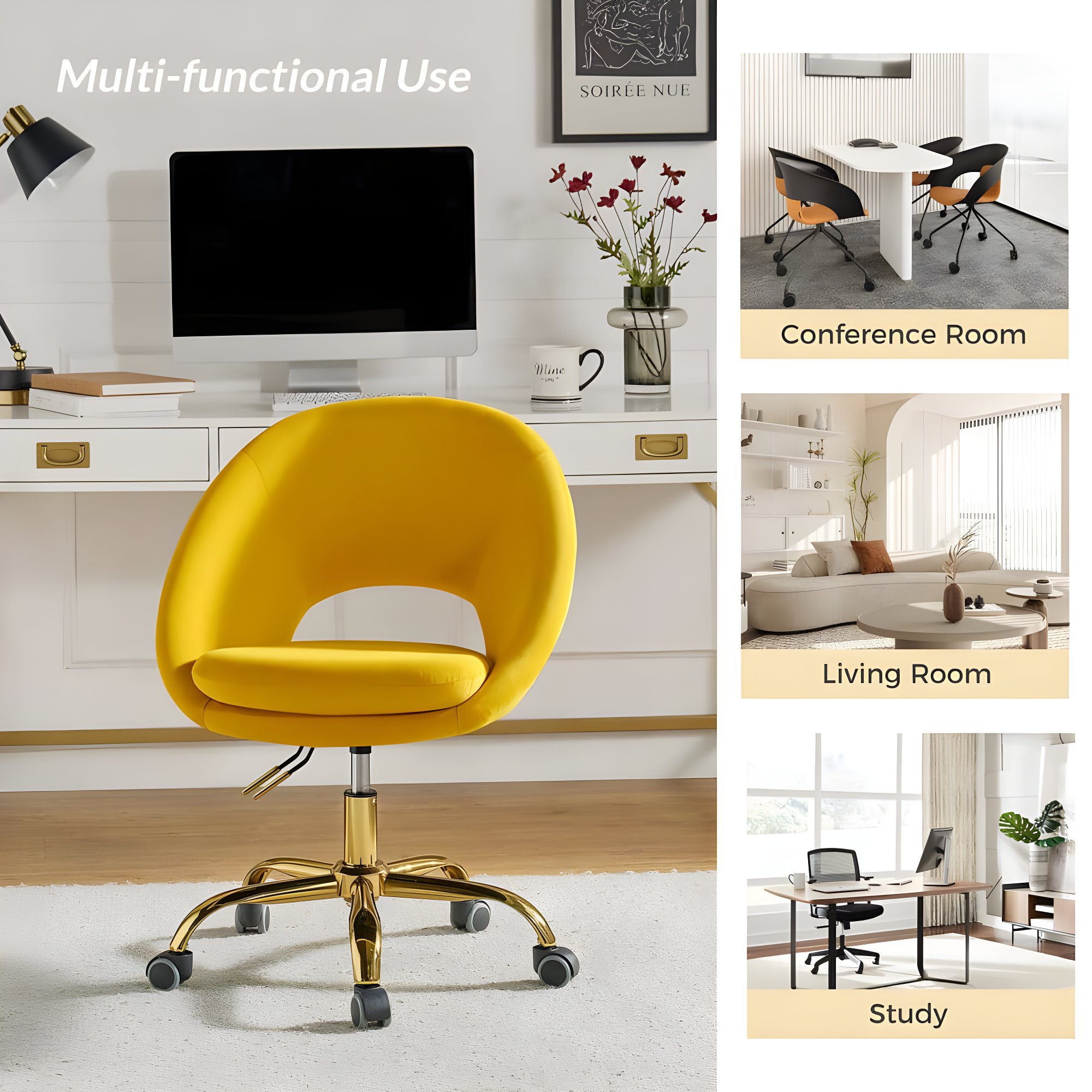 Velvet Home Office Chair for Teens, Adjustable Height & 360° Swivel Cute Computer Task Chair, Yellow