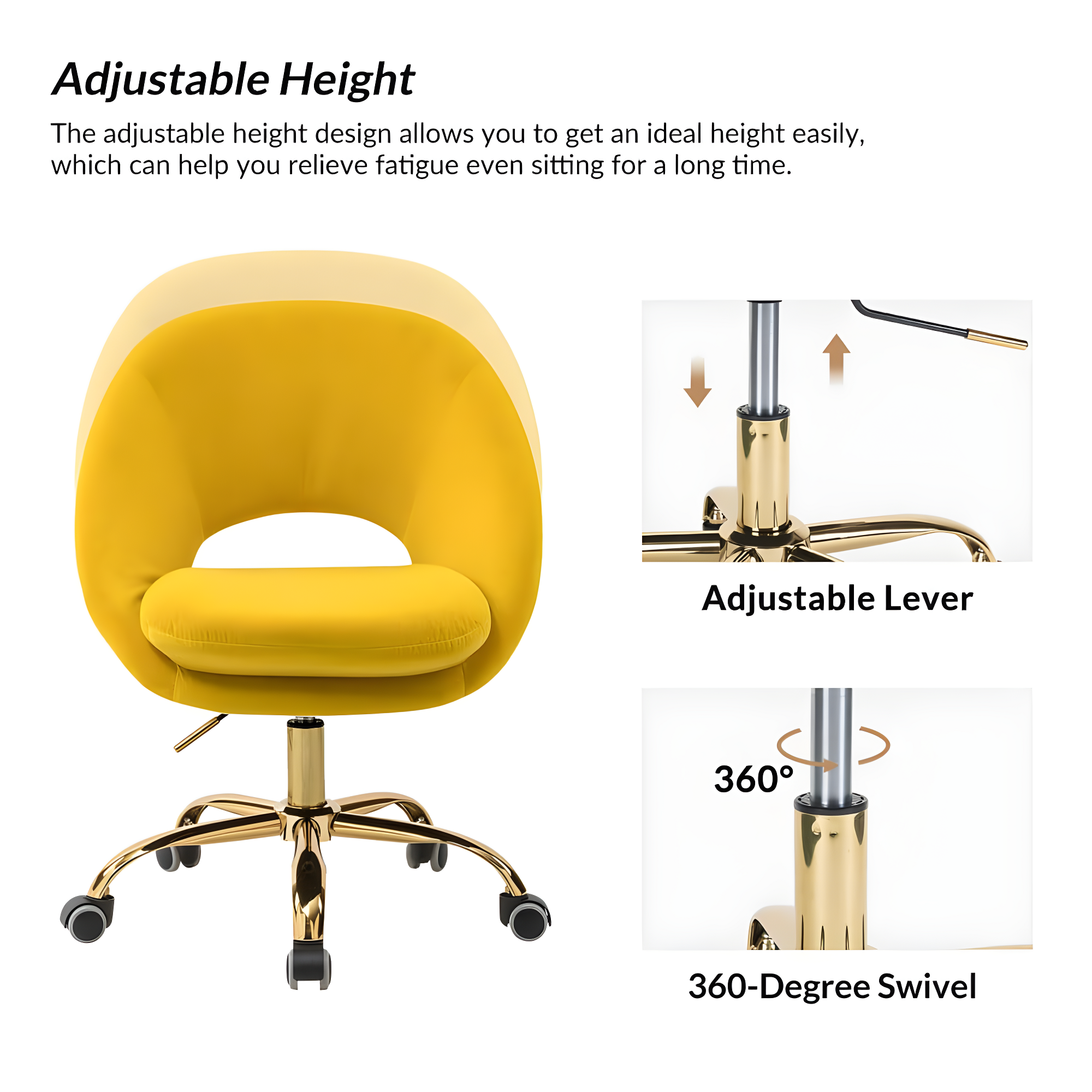 Velvet Home Office Chair for Teens, Adjustable Height & 360° Swivel Cute Computer Task Chair, Yellow