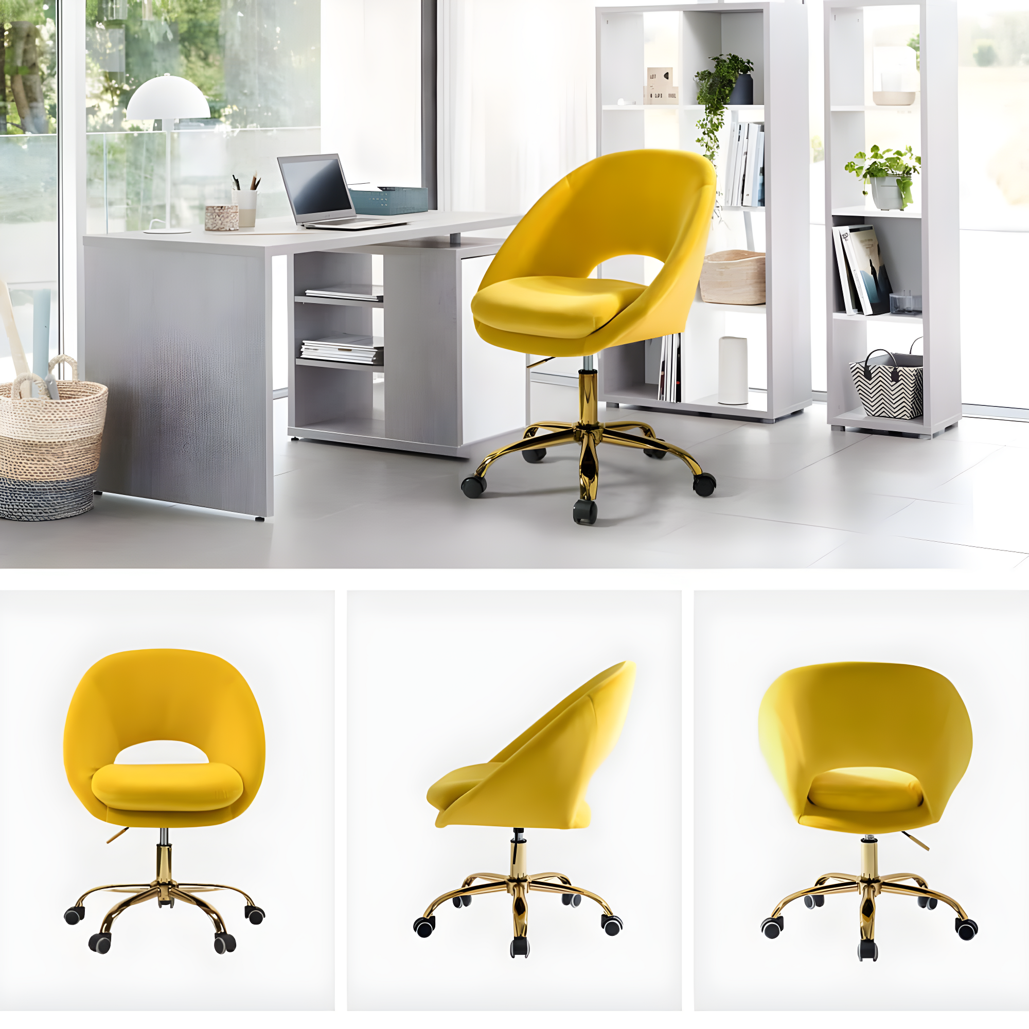 Velvet Home Office Chair for Teens, Adjustable Height & 360° Swivel Cute Computer Task Chair, Yellow