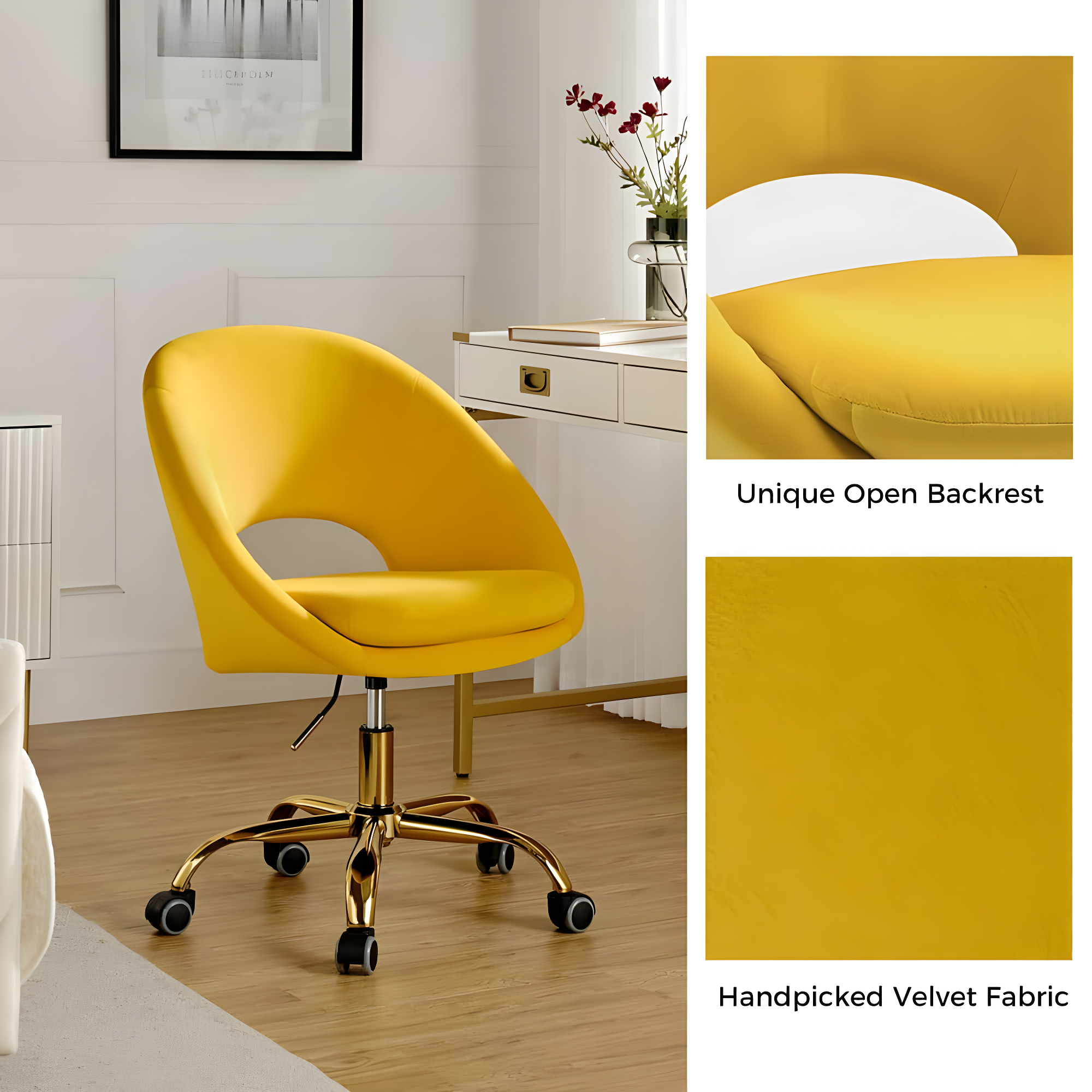 Velvet Home Office Chair for Teens, Adjustable Height & 360° Swivel Cute Computer Task Chair, Yellow