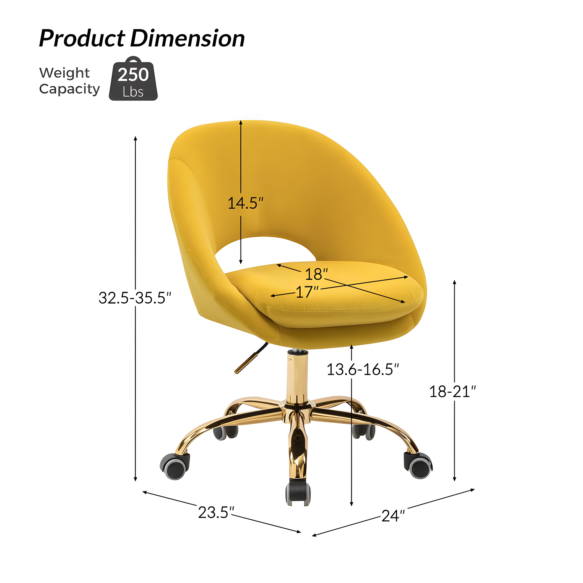 Velvet Home Office Chair for Teens, Adjustable Height & 360° Swivel Cute Computer Task Chair, Yellow