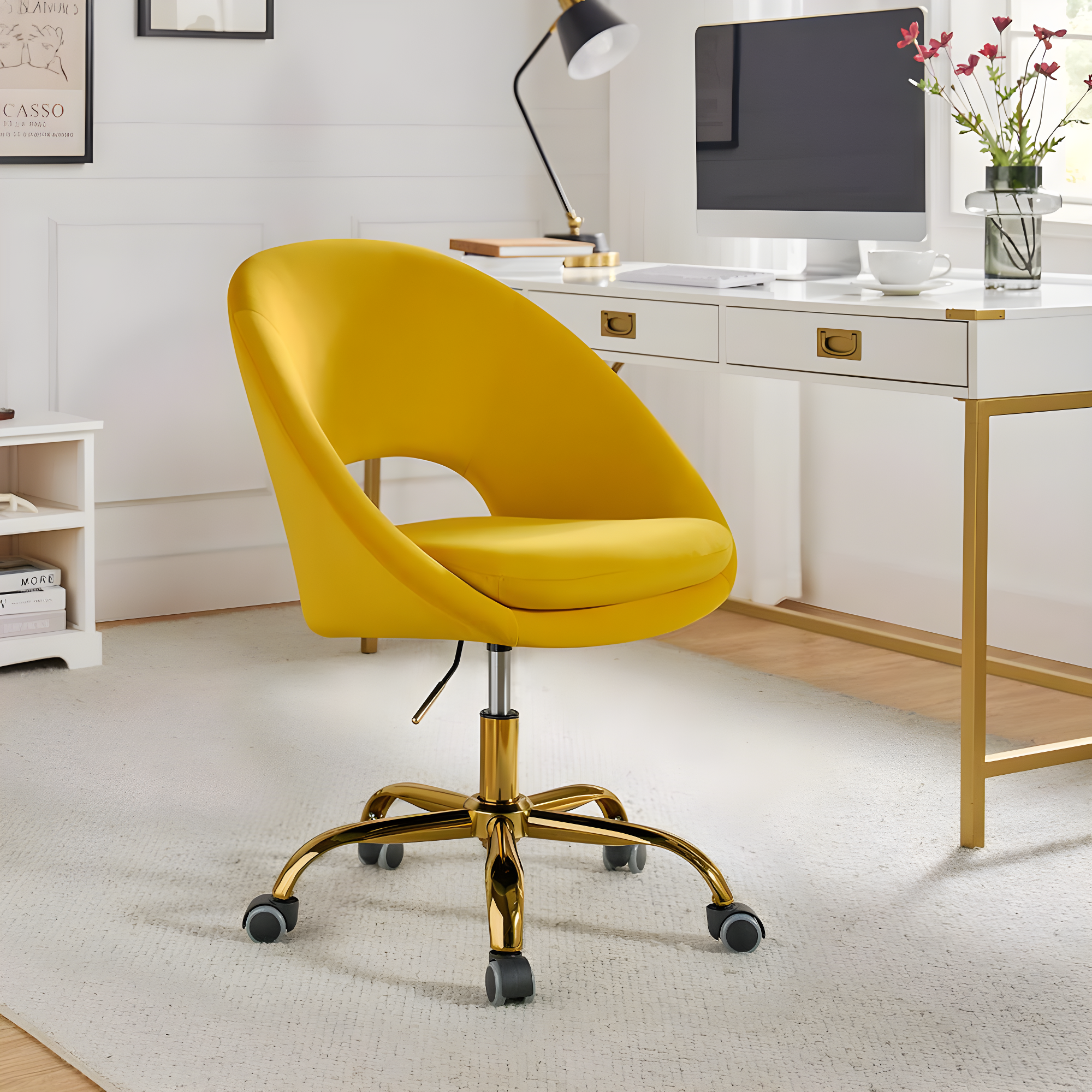 Velvet Home Office Chair for Teens, Adjustable Height & 360° Swivel Cute Computer Task Chair, Yellow