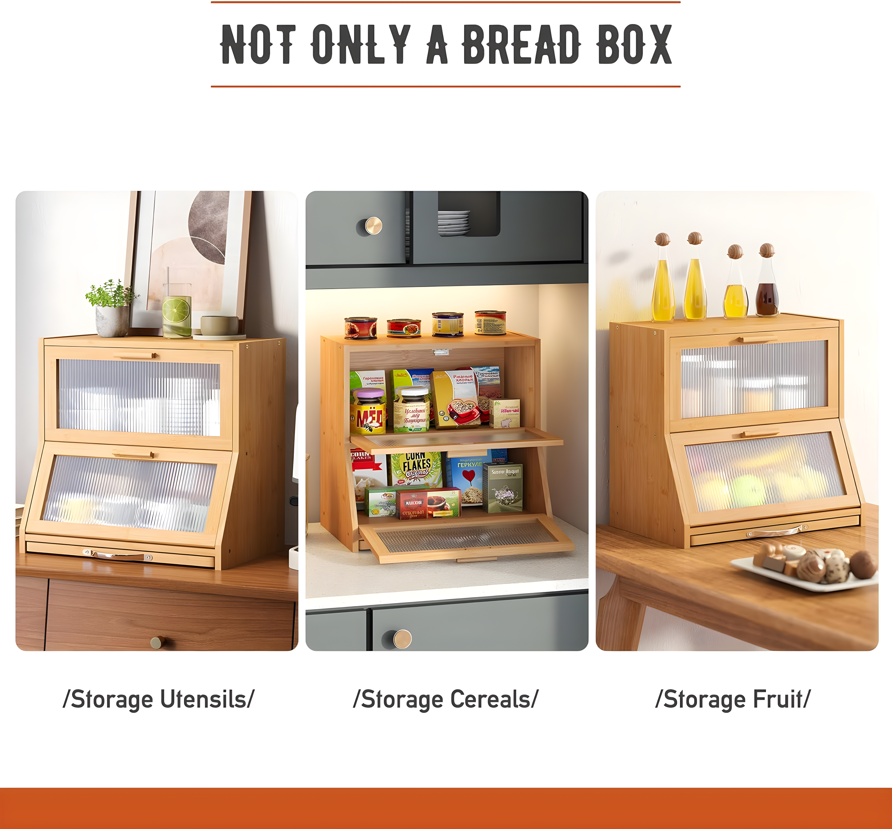 Prep & Savour Large Bread Box For Kitchen Counter, Bamboo Wooden Double Layer Large Capacity Bread Storage Bin With Acrylic Wavy Door Panel (Natural + Cutting Board)