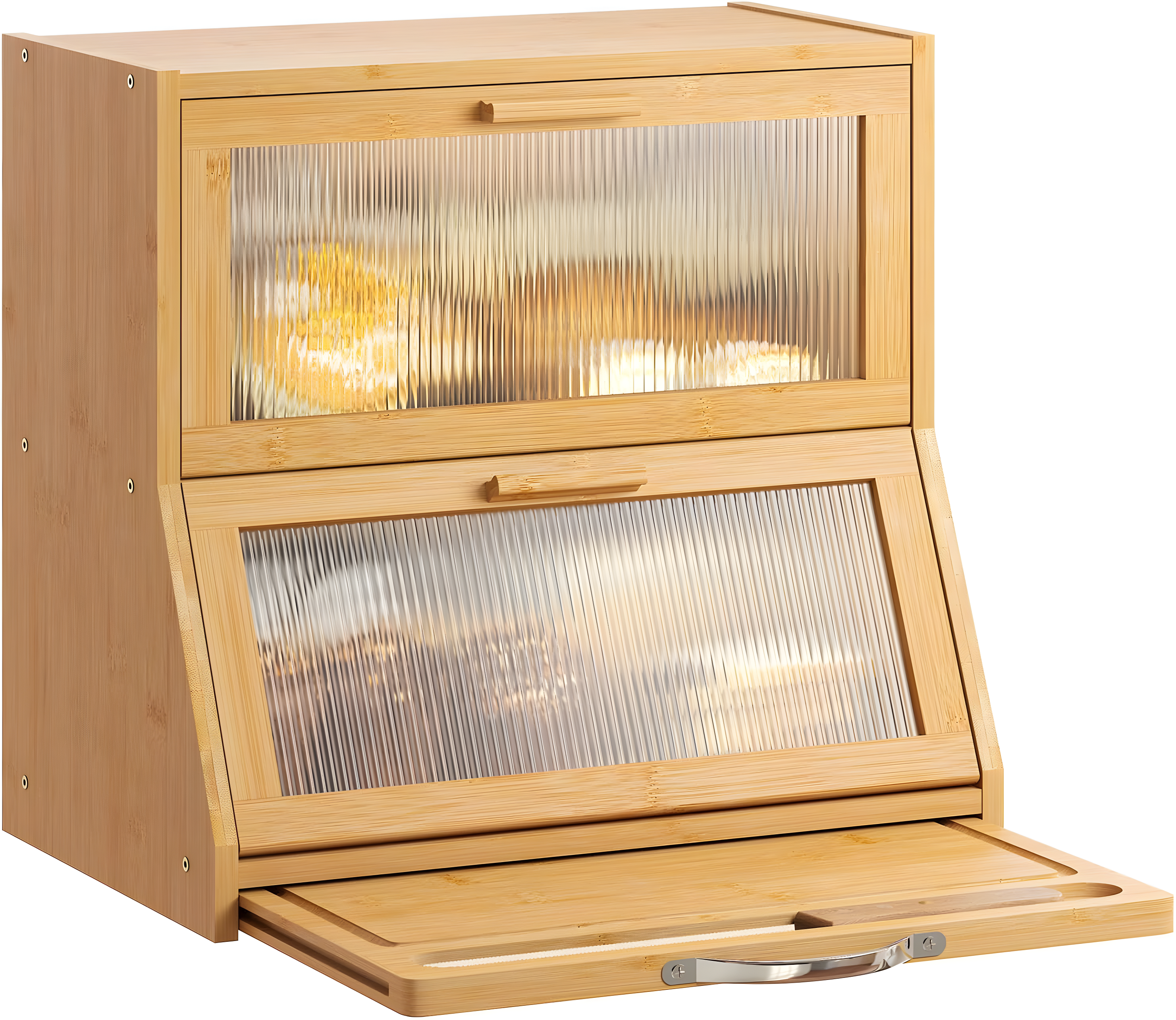 Prep & Savour Large Bread Box For Kitchen Counter, Bamboo Wooden Double Layer Large Capacity Bread Storage Bin With Acrylic Wavy Door Panel (Natural + Cutting Board)