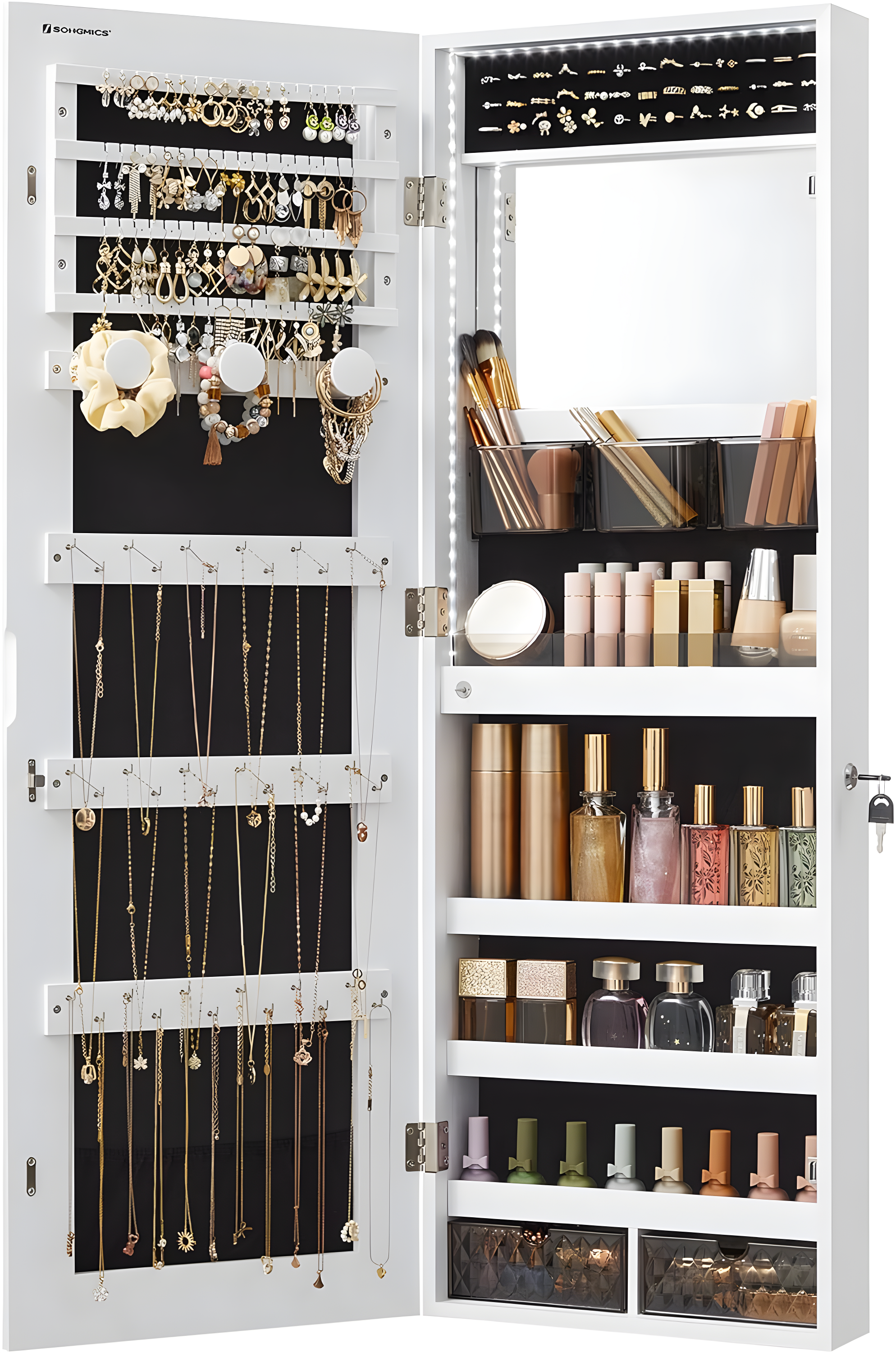NIERBO Rustic Rectangular Wall-Mounted Jewelry Armoire With Built-In Lighted Mirror - Ultimate Jewelry Organizer For Women's Face Makeup - Perfect For Anniversary Gifts