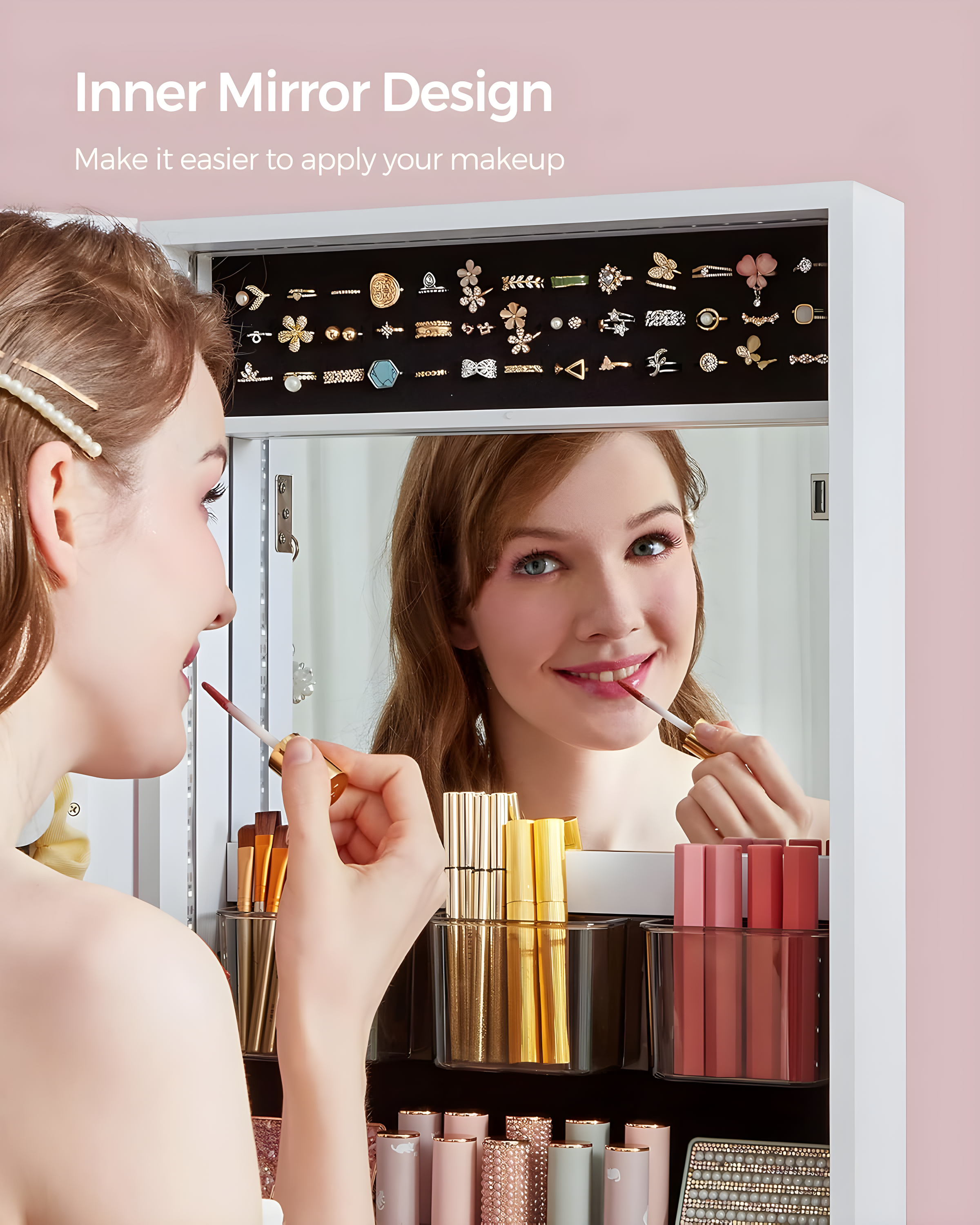 NIERBO Rustic Rectangular Wall-Mounted Jewelry Armoire With Built-In Lighted Mirror - Ultimate Jewelry Organizer For Women's Face Makeup - Perfect For Anniversary Gifts