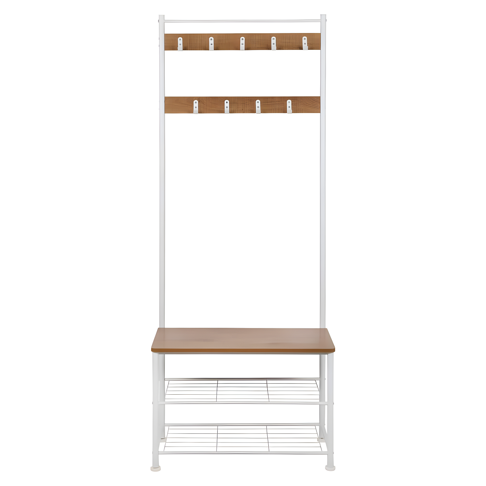 Honey-Can-Do Steel and MDF Freestanding Entryway Hall Tree with 9 Hooks and Shoe Storage Bench, White/Natural
