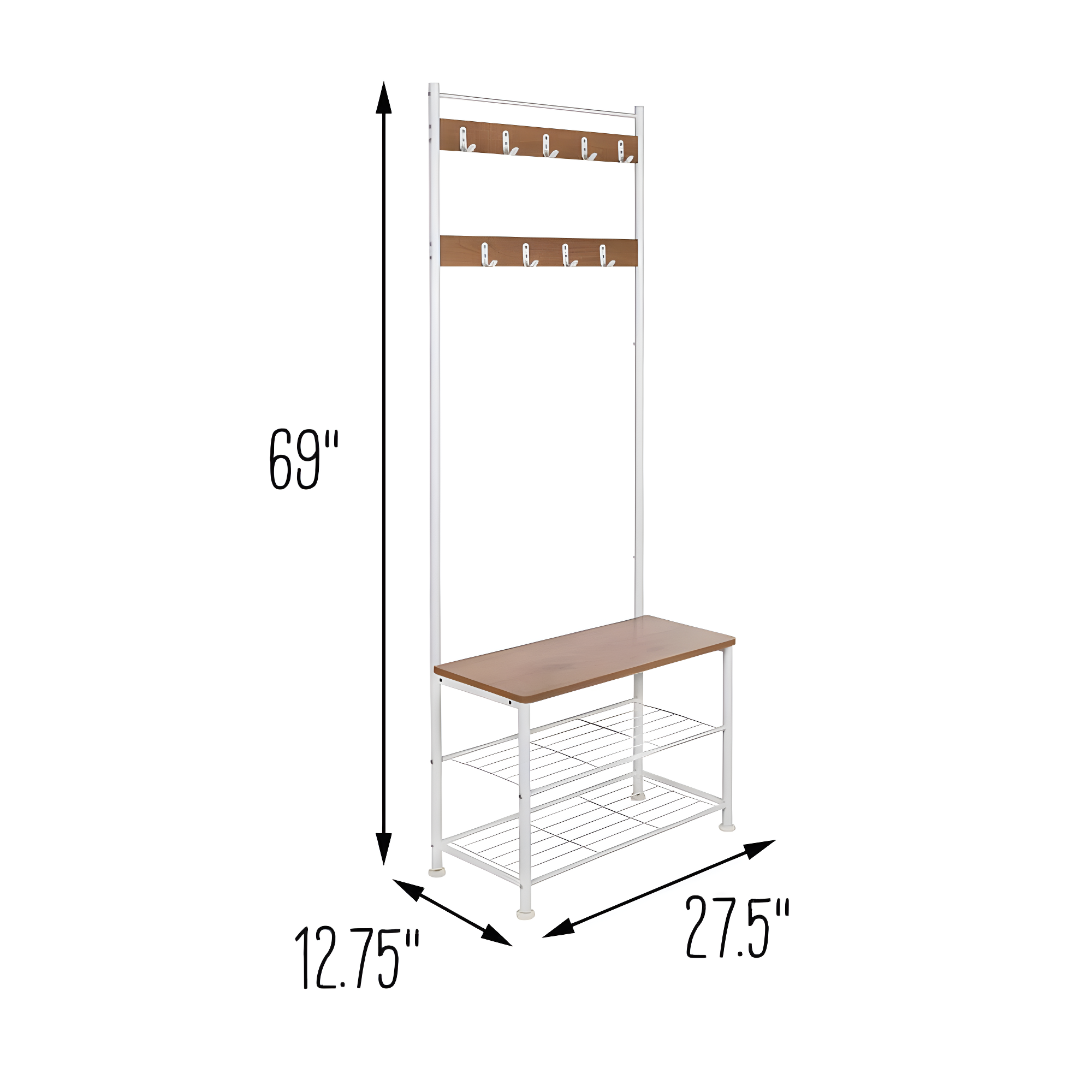 Honey-Can-Do Steel and MDF Freestanding Entryway Hall Tree with 9 Hooks and Shoe Storage Bench, White/Natural