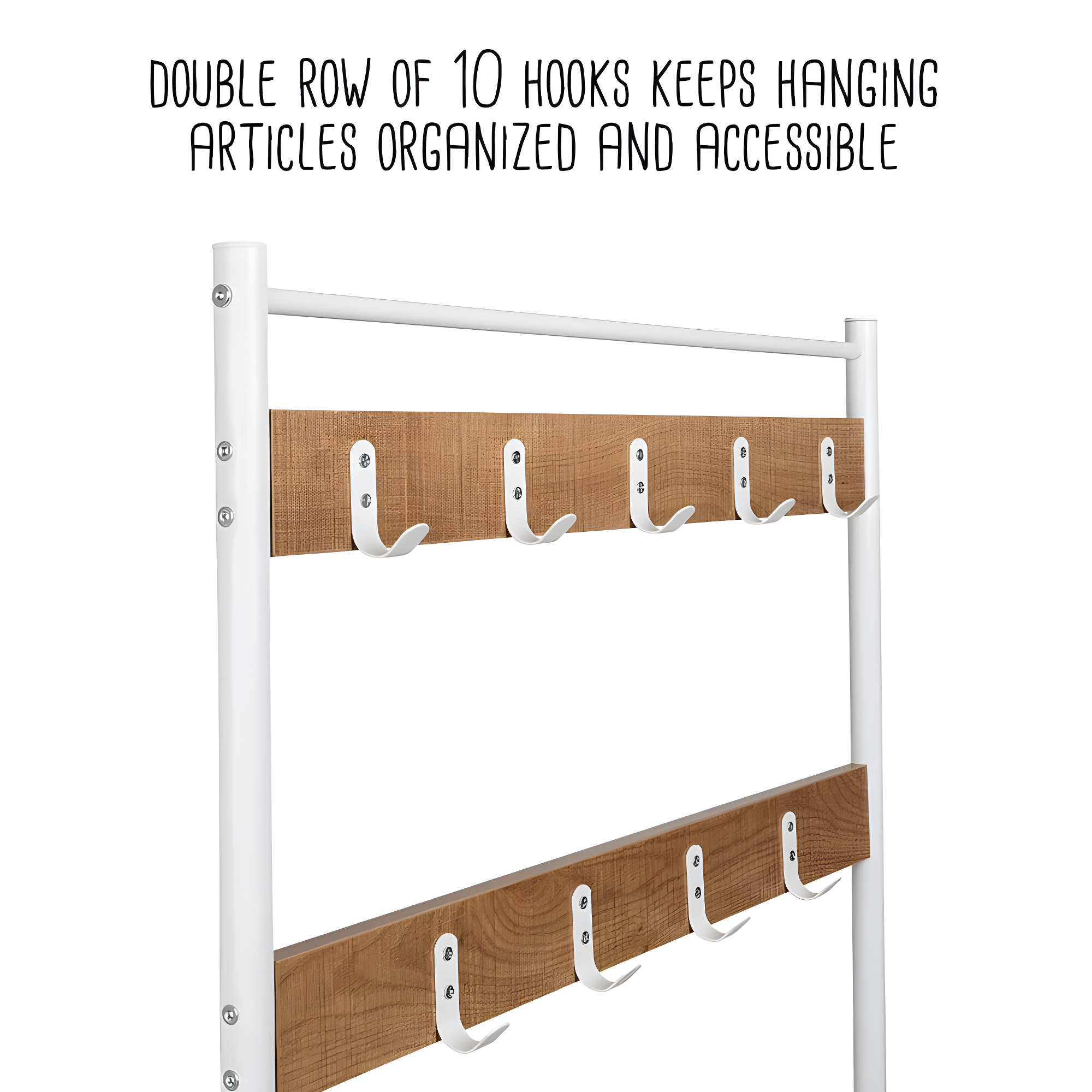 Honey-Can-Do Steel and MDF Freestanding Entryway Hall Tree with 9 Hooks and Shoe Storage Bench, White/Natural