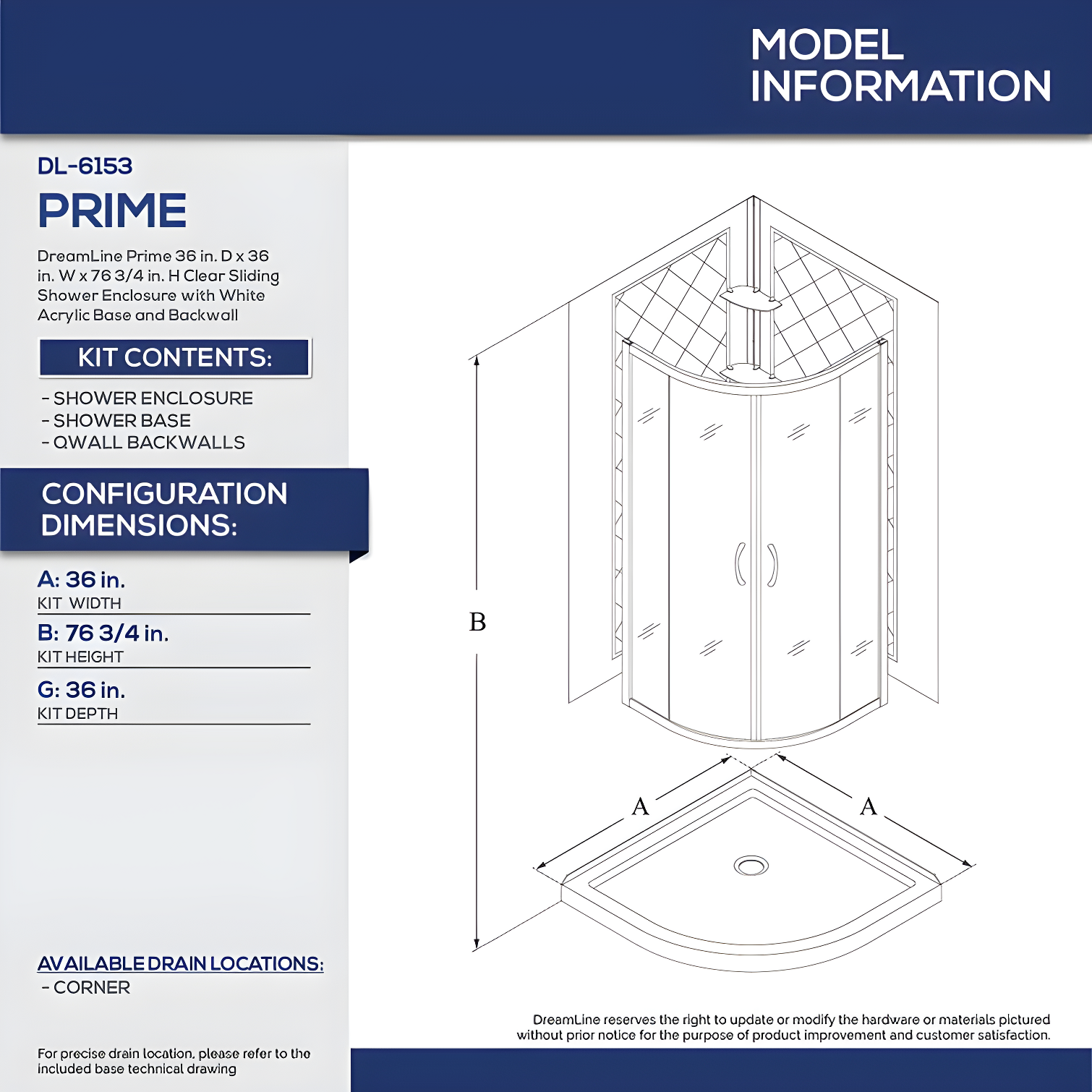 DreamLine Prime 36" W x 36" D x 76.75" H Semi Frameless Round Sliding Shower Enclosure with Base Included DL-6153-01FR