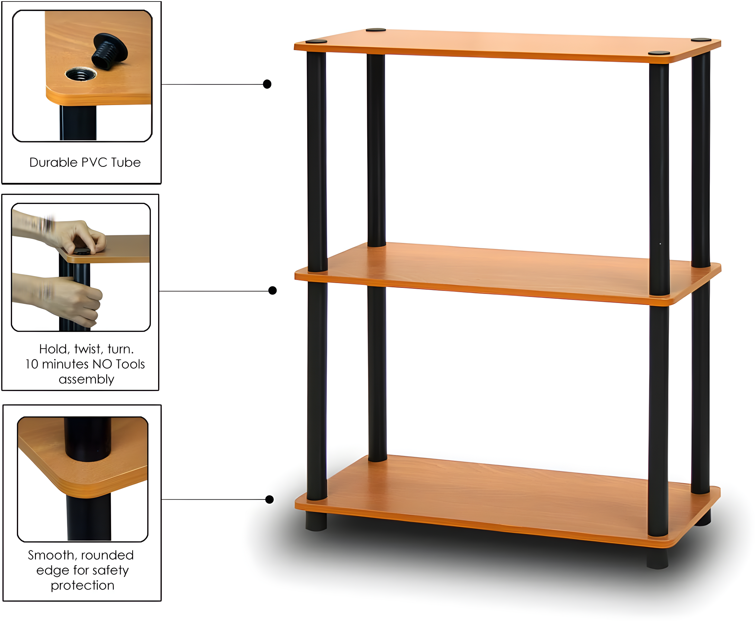 Furinno Durable 23.6"W x 11.6"D x 29.5"H 3-Shelf Freestanding Shelving Unit, Light Cherry and Black