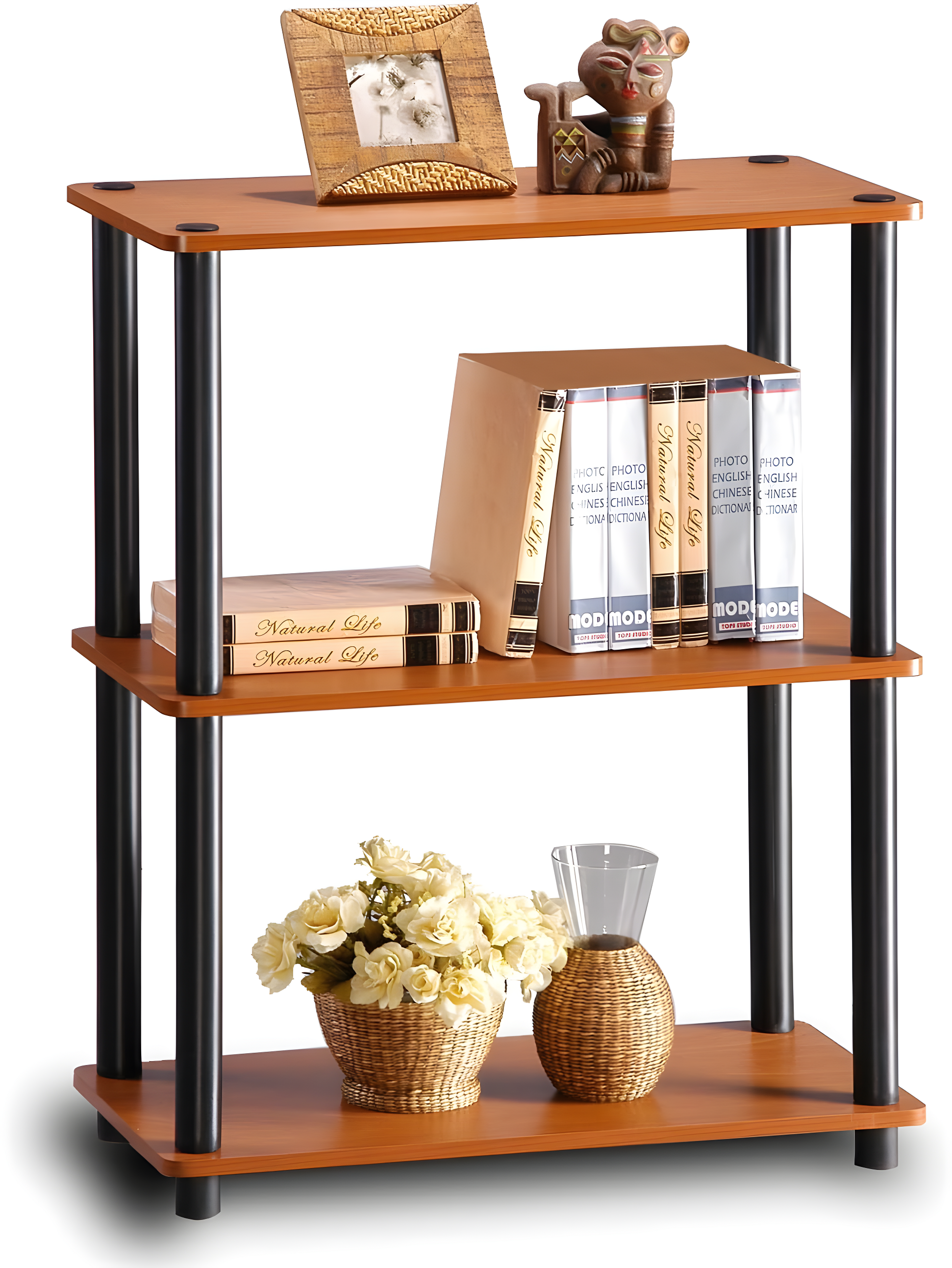 Furinno Durable 23.6"W x 11.6"D x 29.5"H 3-Shelf Freestanding Shelving Unit, Light Cherry and Black
