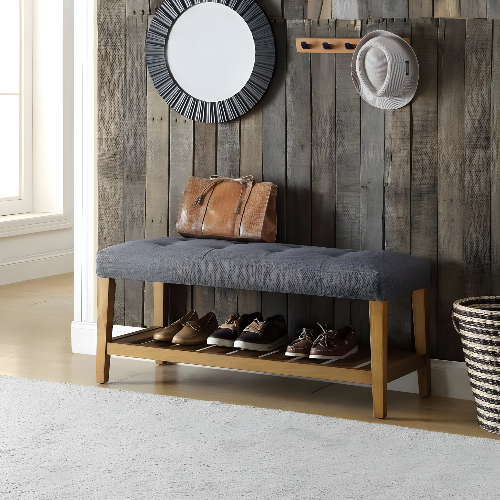 Acme Furniture Charla Bench Gray Fabric/Oak Finish