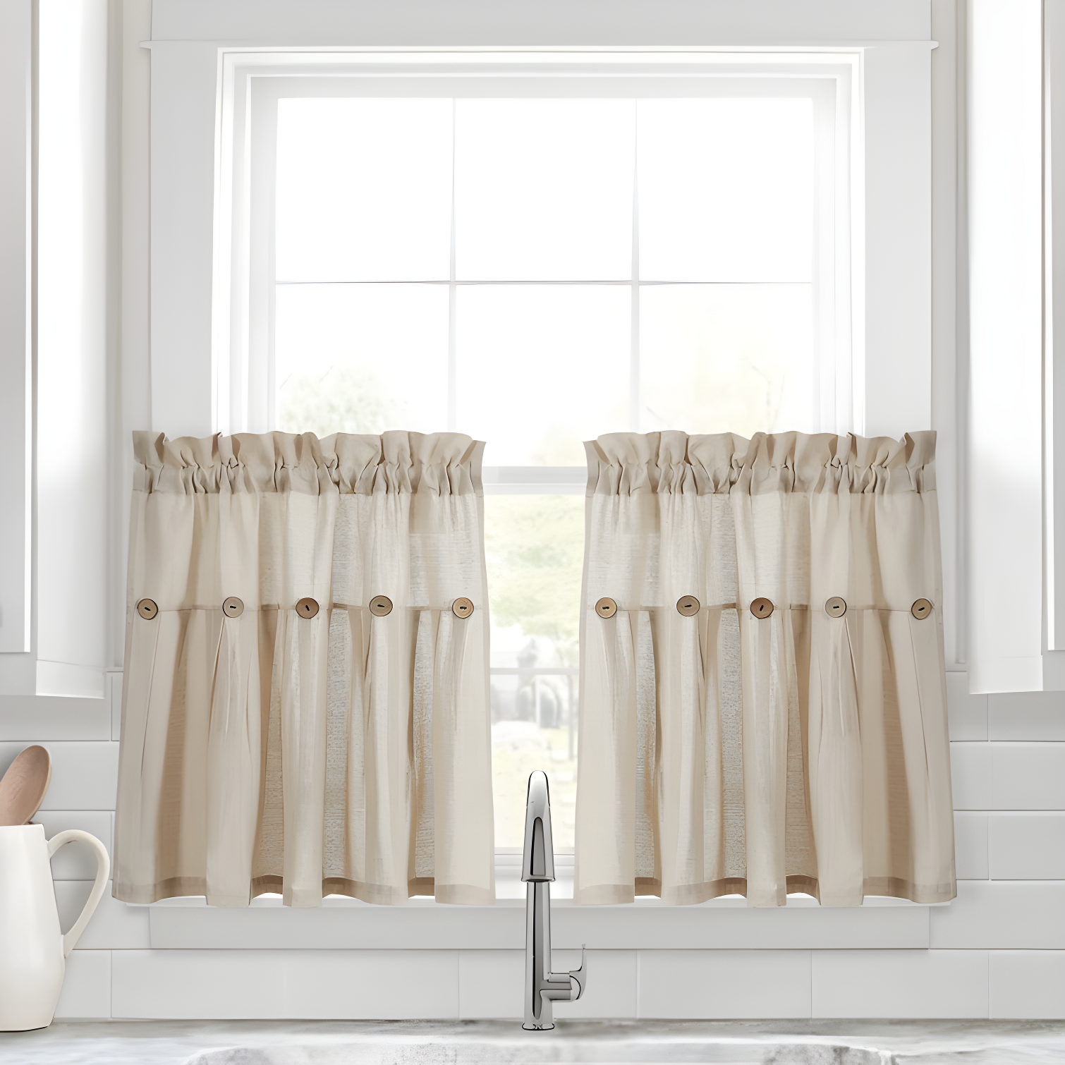 Lush Decor Linen Button Cotton Blend Tailored 29'' W Cafe Curtain (Set of 2)
