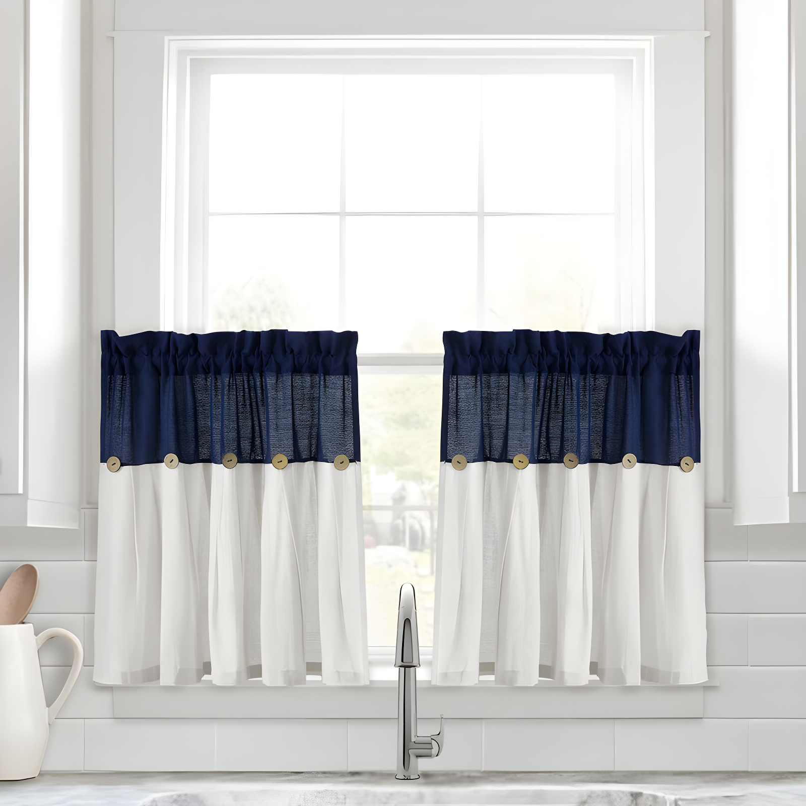 Lush Decor Linen Button Cotton Blend Tailored 29'' W Cafe Curtain (Set of 2)