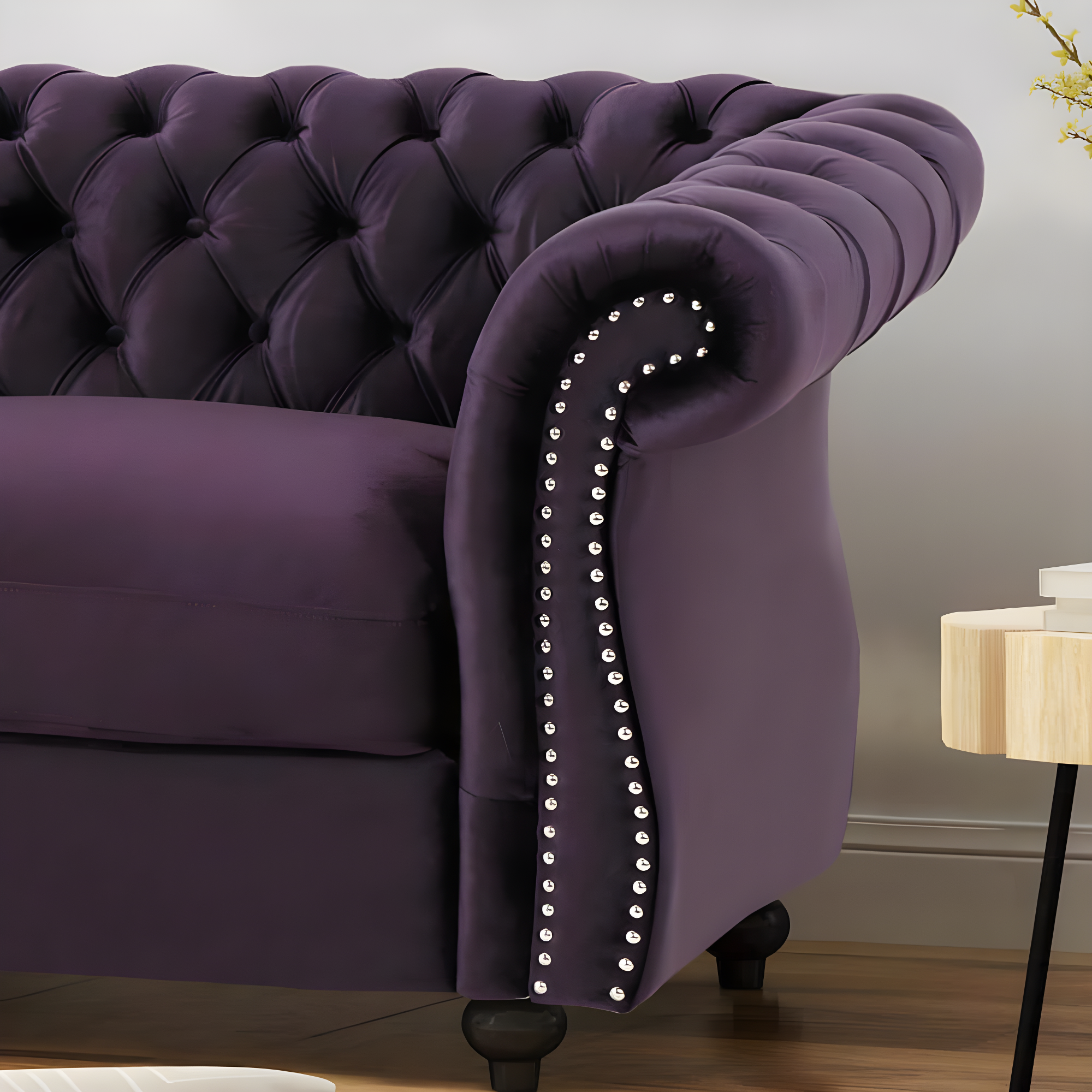 Blackberry Velvet Tufted Chesterfield Loveseat with Birch Legs