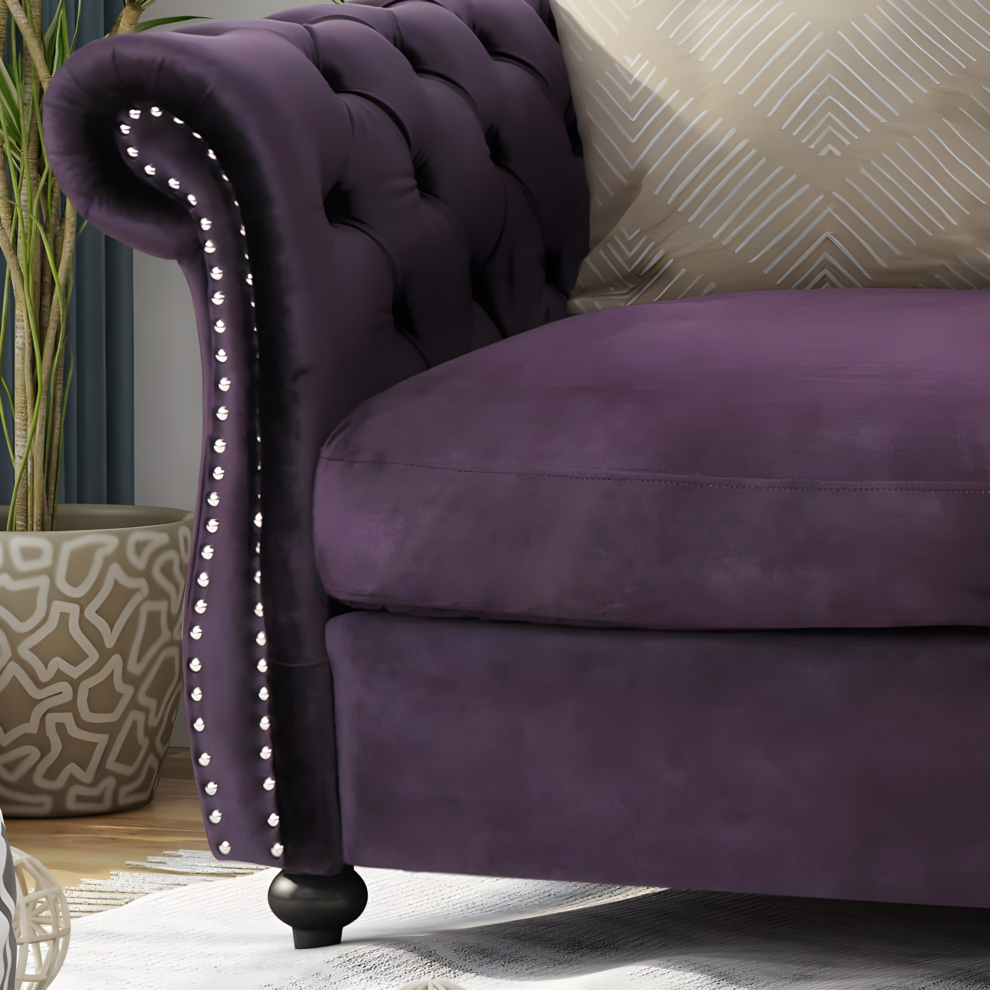 Blackberry Velvet Tufted Chesterfield Loveseat with Birch Legs