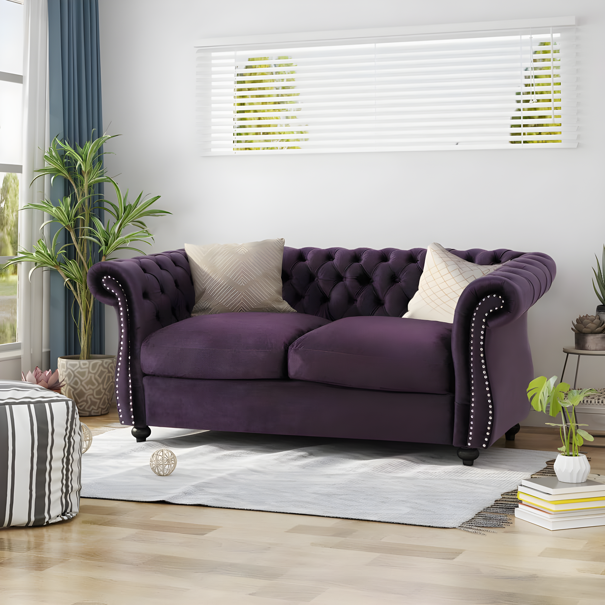 Blackberry Velvet Tufted Chesterfield Loveseat with Birch Legs