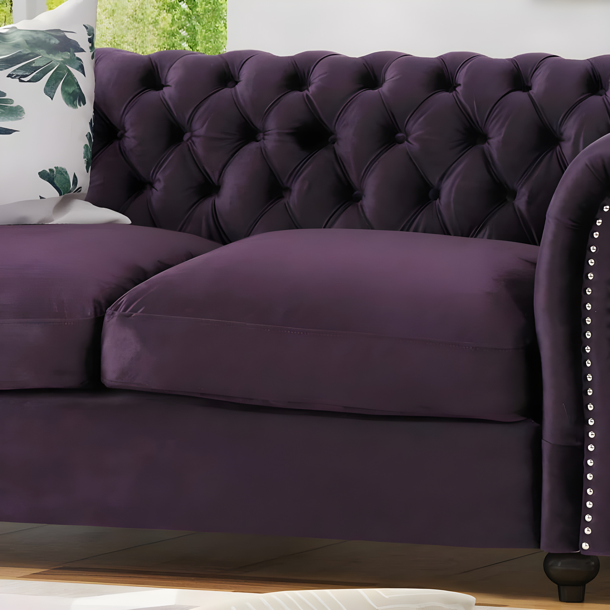 Blackberry Velvet Tufted Chesterfield Loveseat with Birch Legs