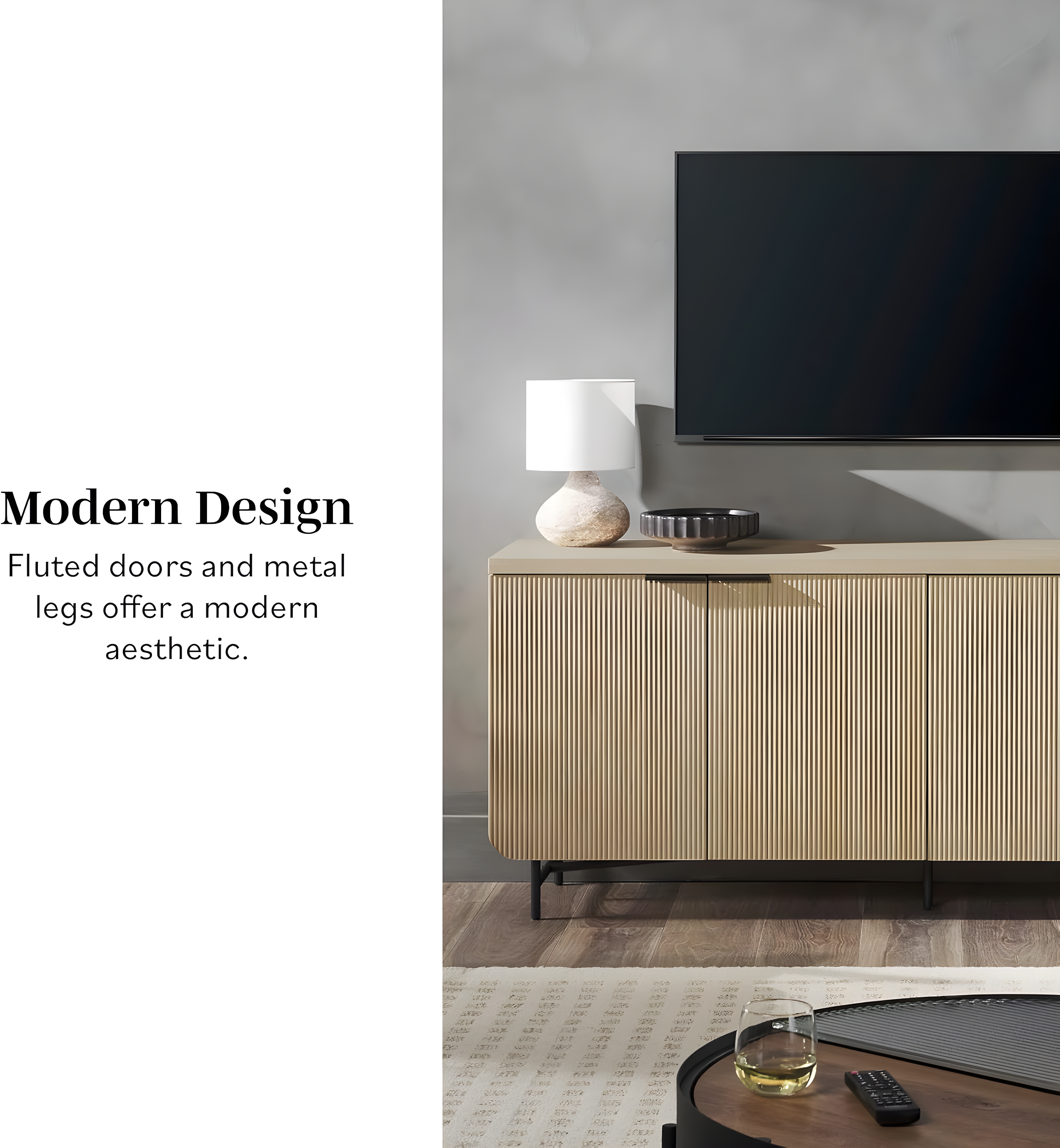 Walker Edison 69” Scandinavian 4-Door Reeded-Front Sideboard, Black & Coastal Oak