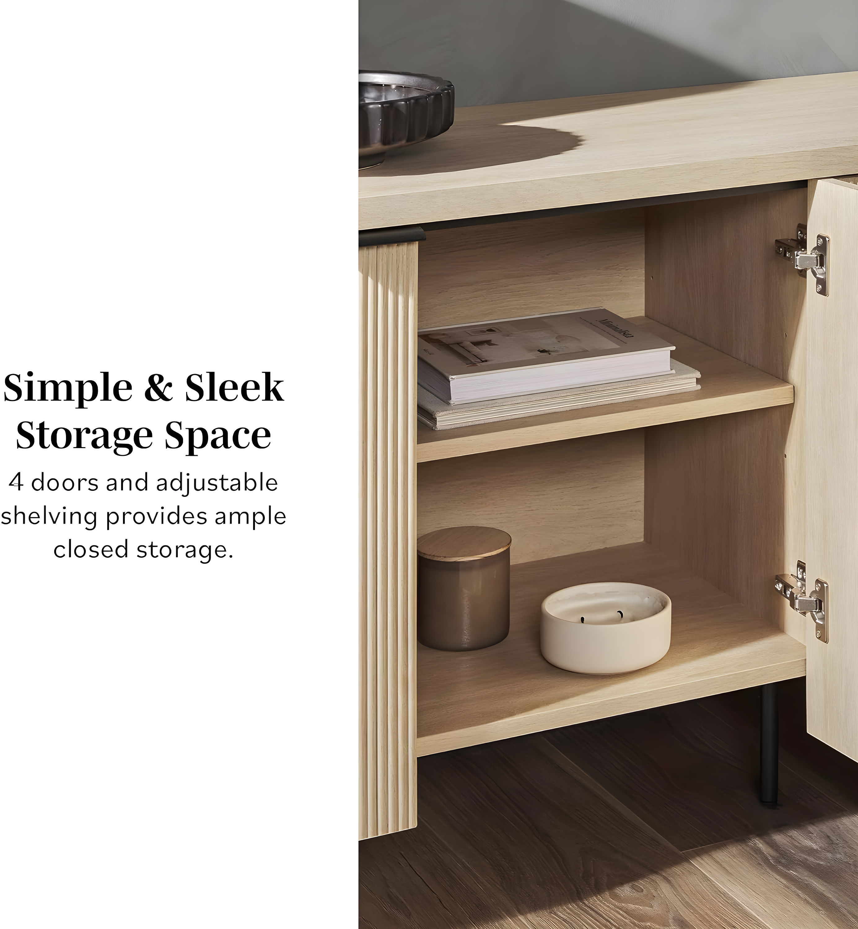 Walker Edison 69” Scandinavian 4-Door Reeded-Front Sideboard, Black & Coastal Oak