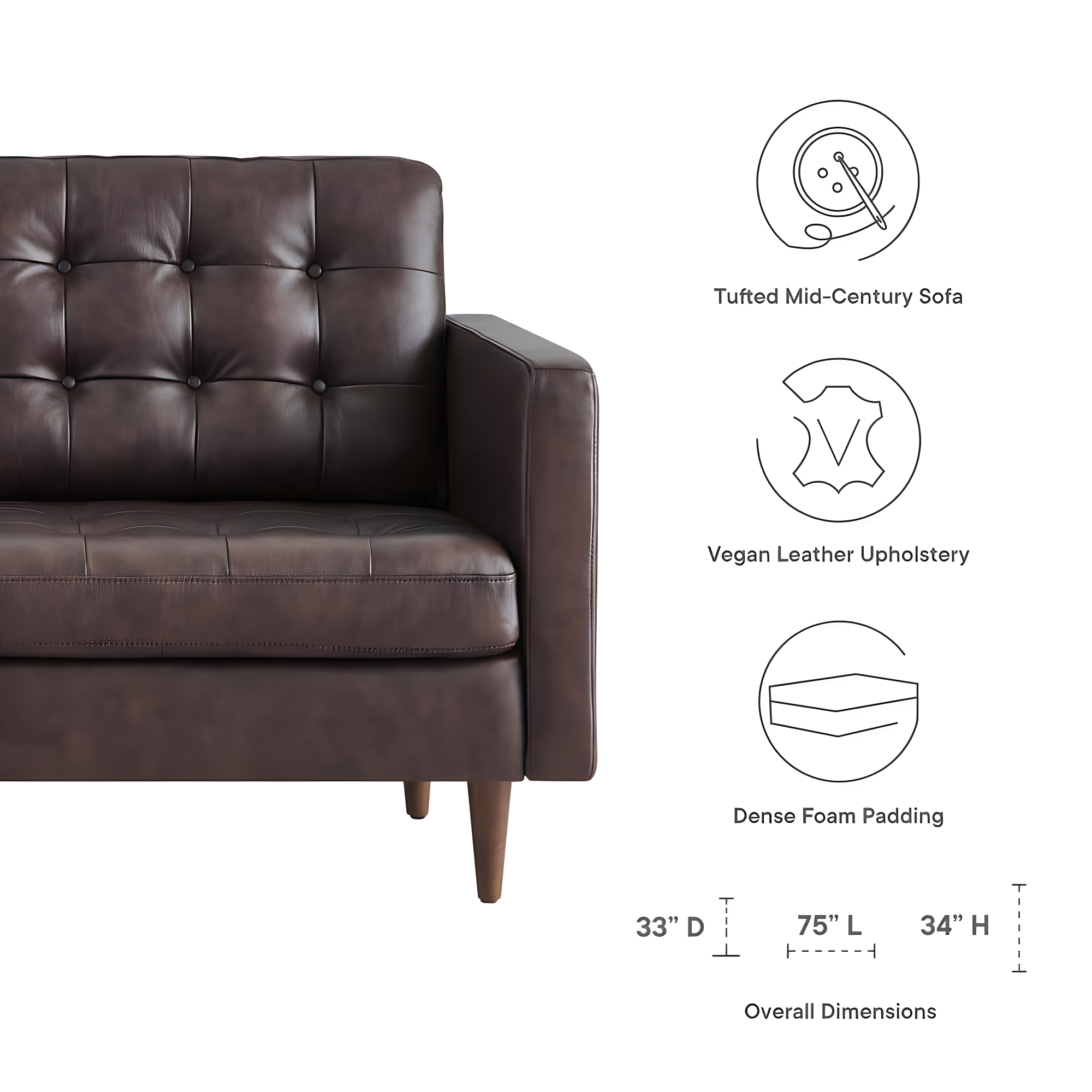 Exalt Tufted Vegan Leather Sofa-EEI-6099-BRN