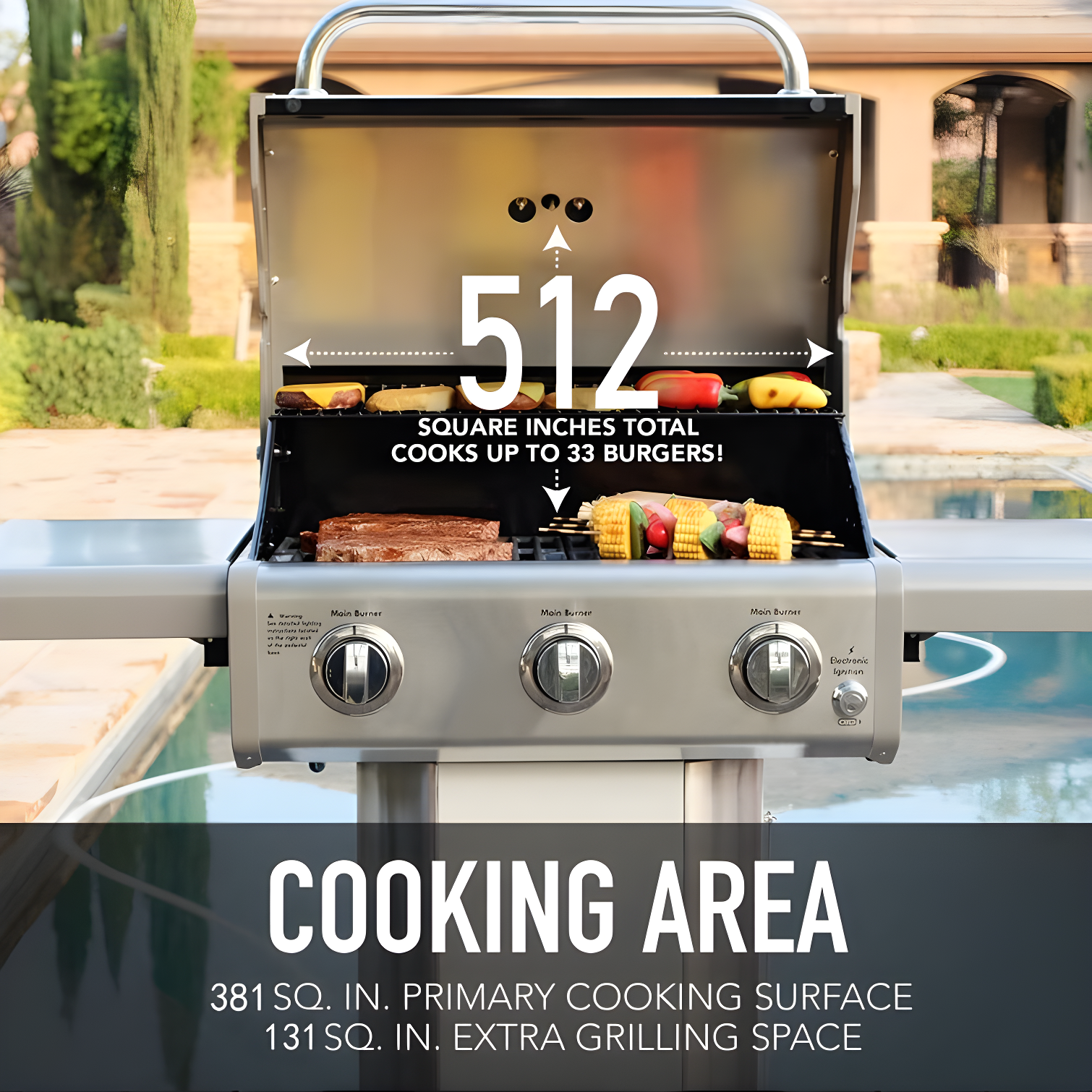 Kenmore 3-Burner Propane Gas Grill with Foldable Side Tables for Outdoor BBQ