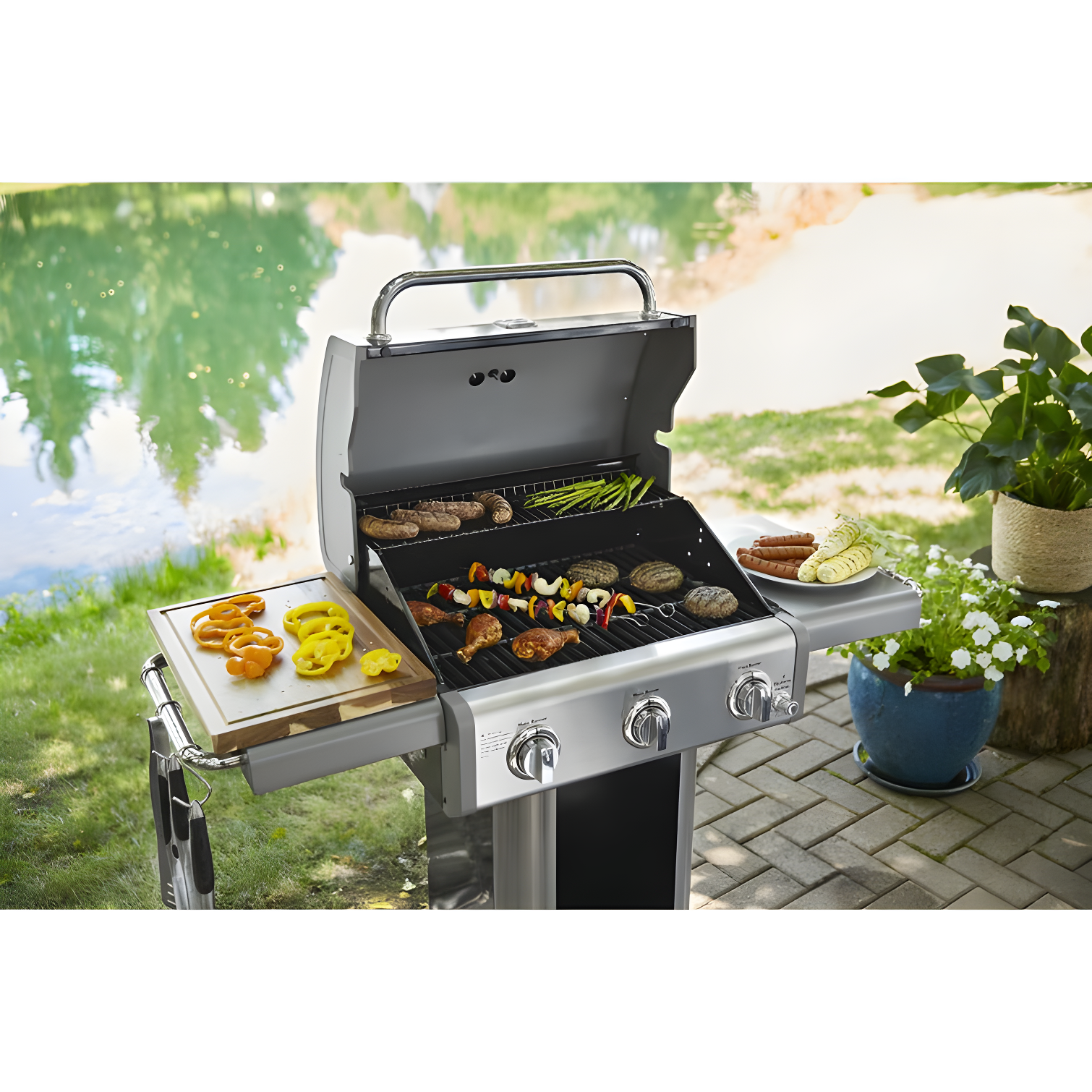 Kenmore 3-Burner Propane Gas Grill with Foldable Side Tables for Outdoor BBQ