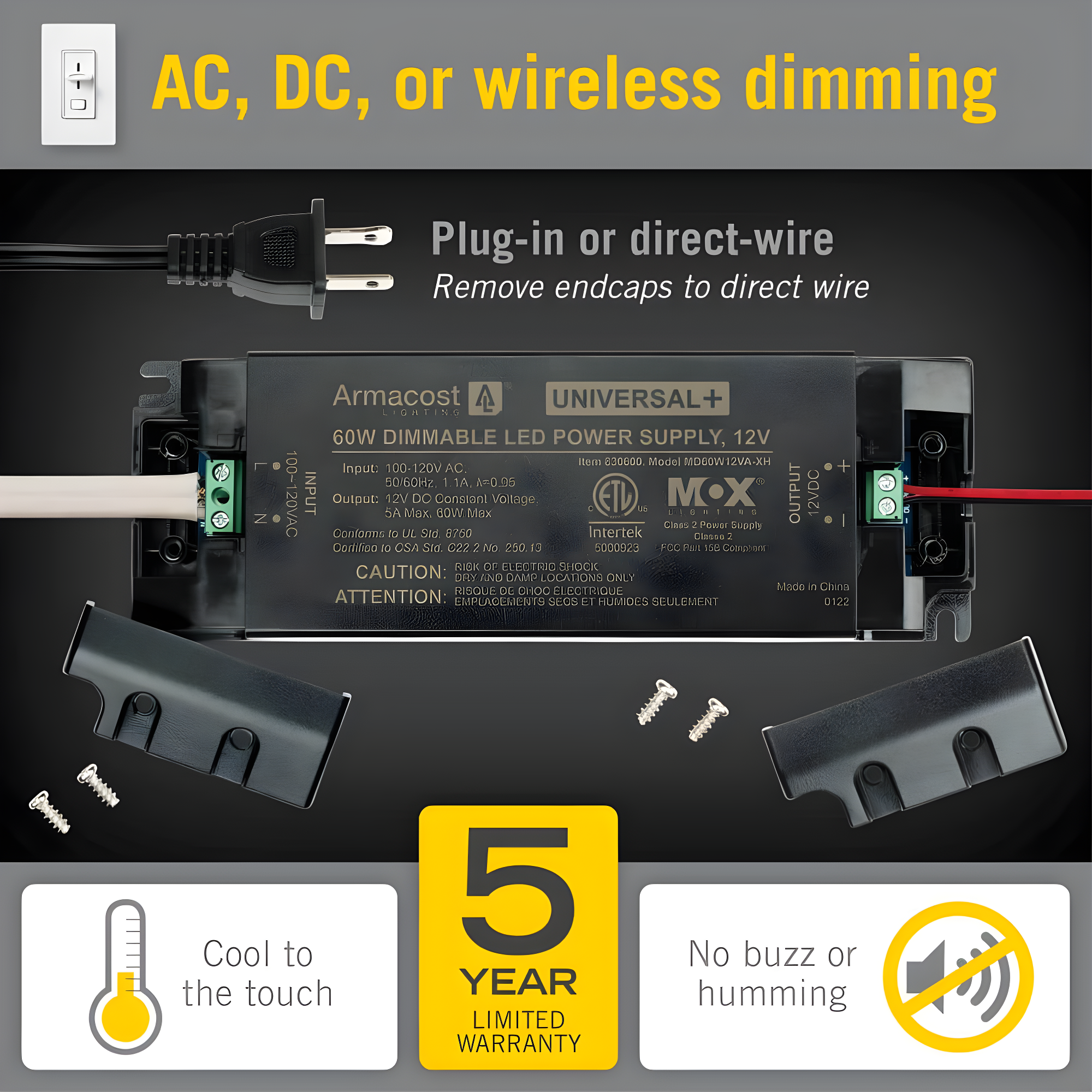 Armacost Lighting Universal+ Dimmable LED Driver 12V DC, 60W Electronic Transformer ELV/MLV/TRIAC 830600