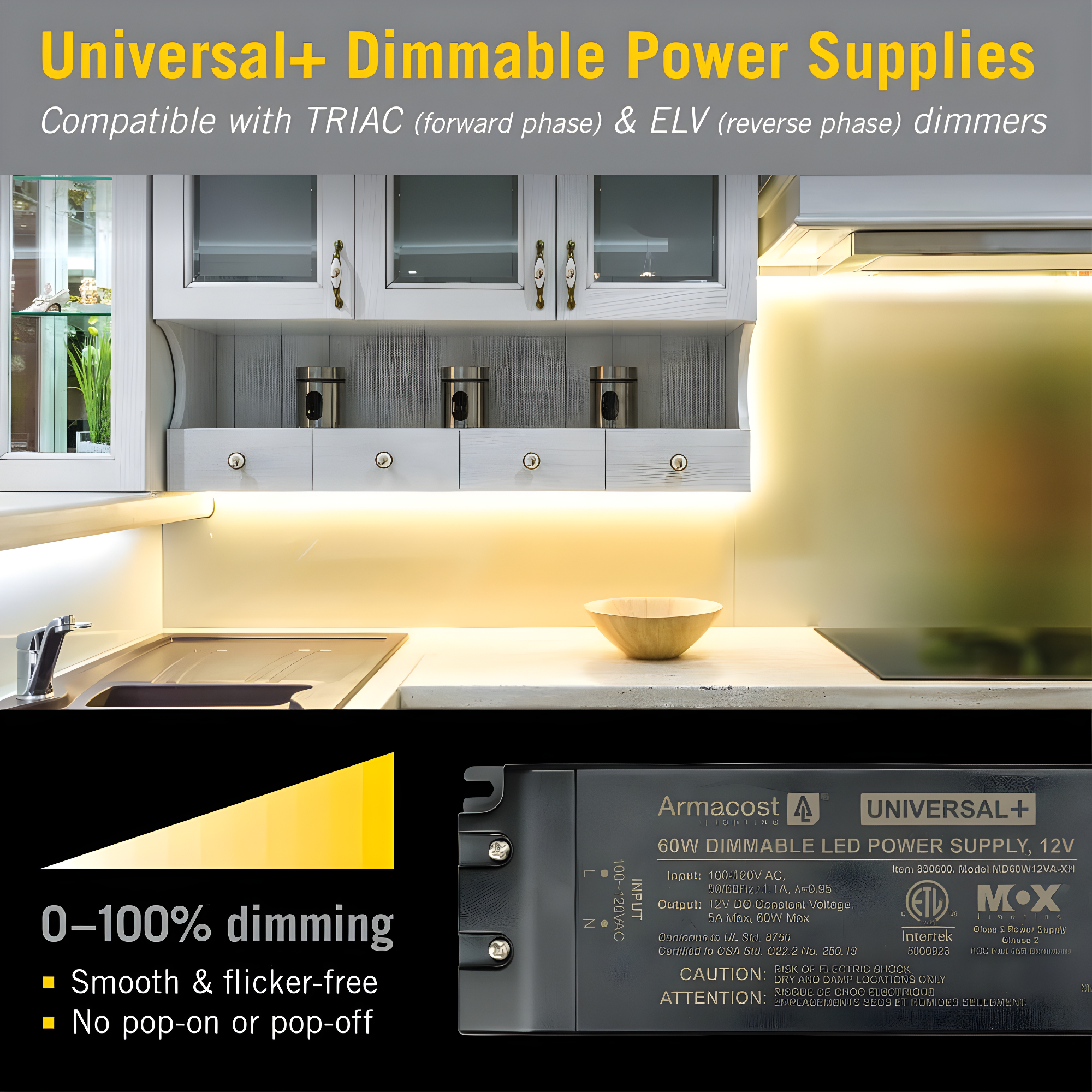 Armacost Lighting Universal+ Dimmable LED Driver 12V DC, 60W Electronic Transformer ELV/MLV/TRIAC 830600