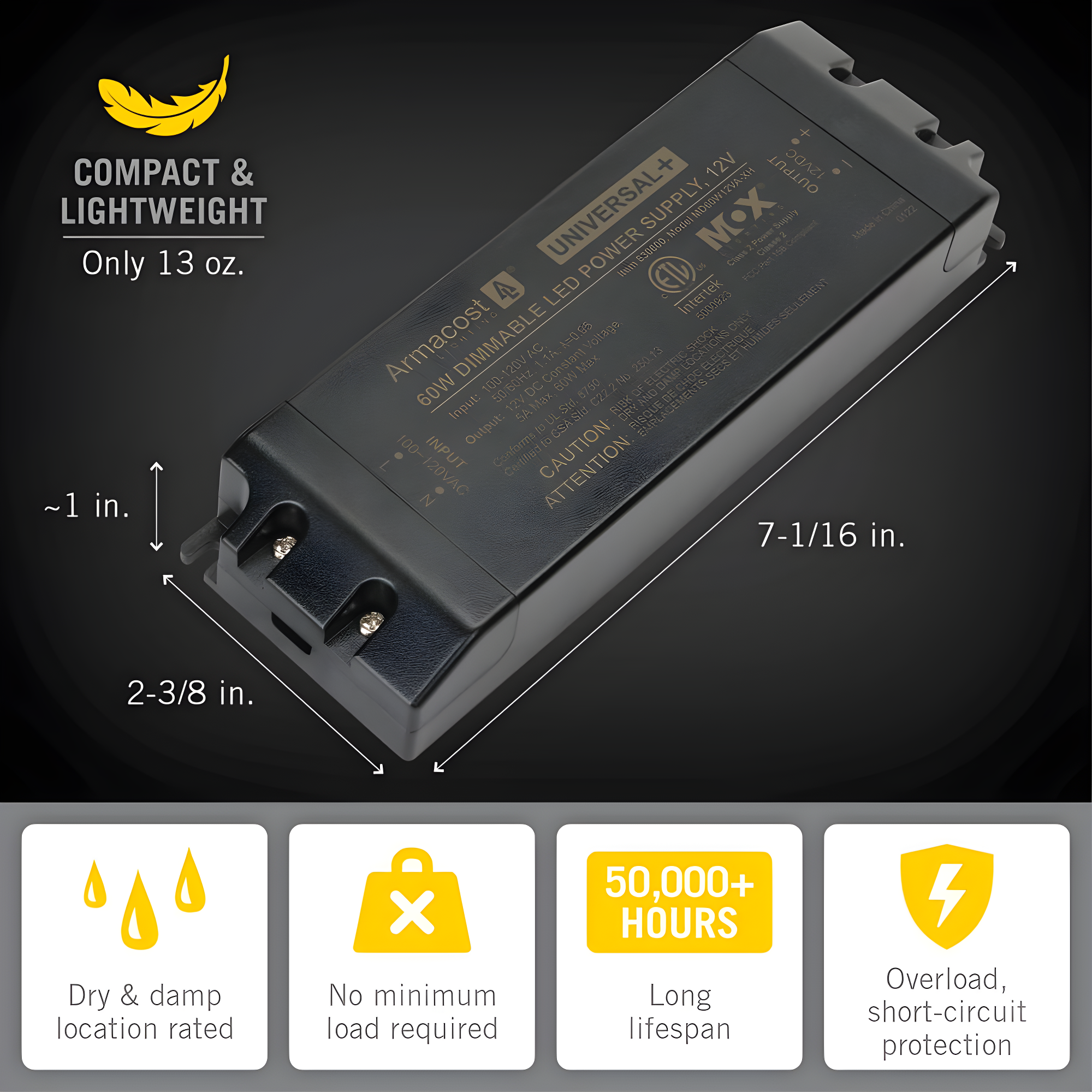 Armacost Lighting Universal+ Dimmable LED Driver 12V DC, 60W Electronic Transformer ELV/MLV/TRIAC 830600