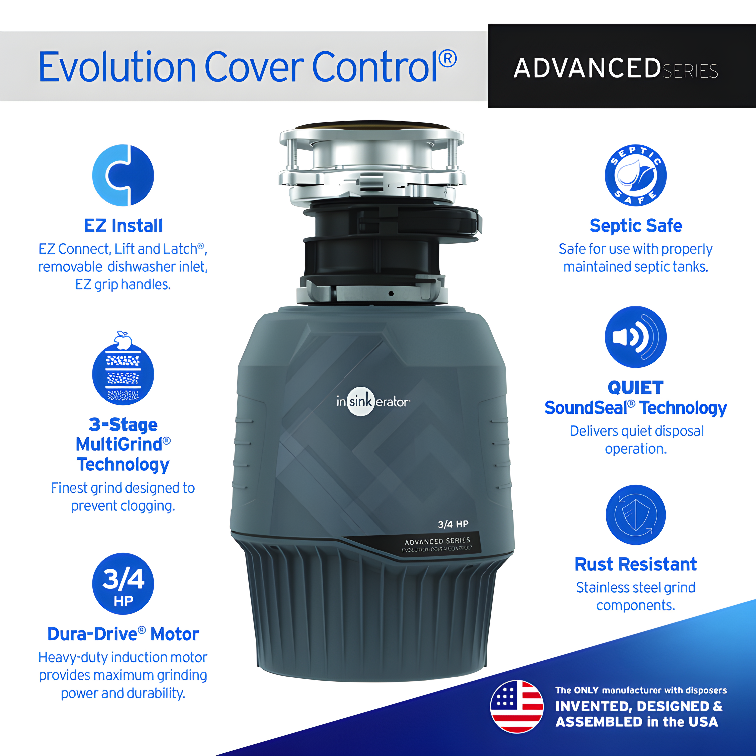 InSinkErator Evolution Cover Control 3/4 HP Garbage Disposal, Advanced Series Batch Feed Food Waste Disposer