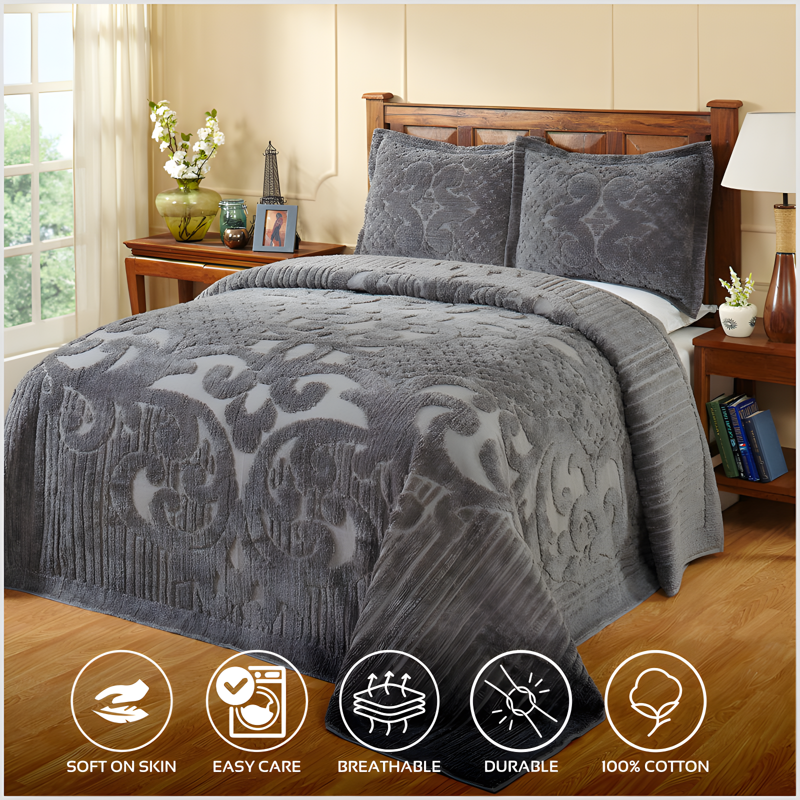 Ashton 100% Cotton Traditional Tufted Medallion Pattern Coverlet/Bedspread