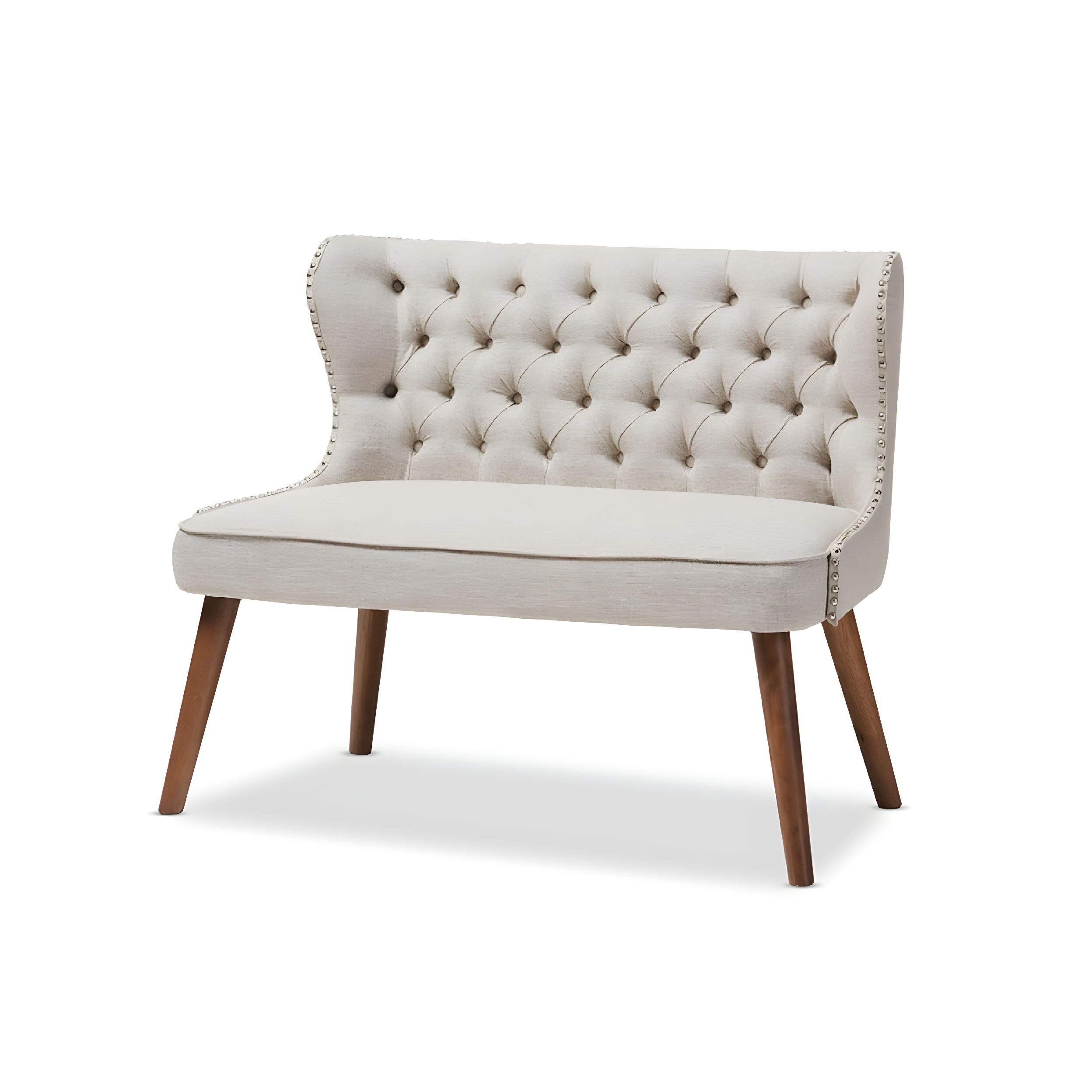 Baxton Studio Scarlett Mid-Century Modern Brown Wood and Light Beige Fabric Upholstered Button-Tufting with Nail Heads Trim 2-Seater Loveseat Settee