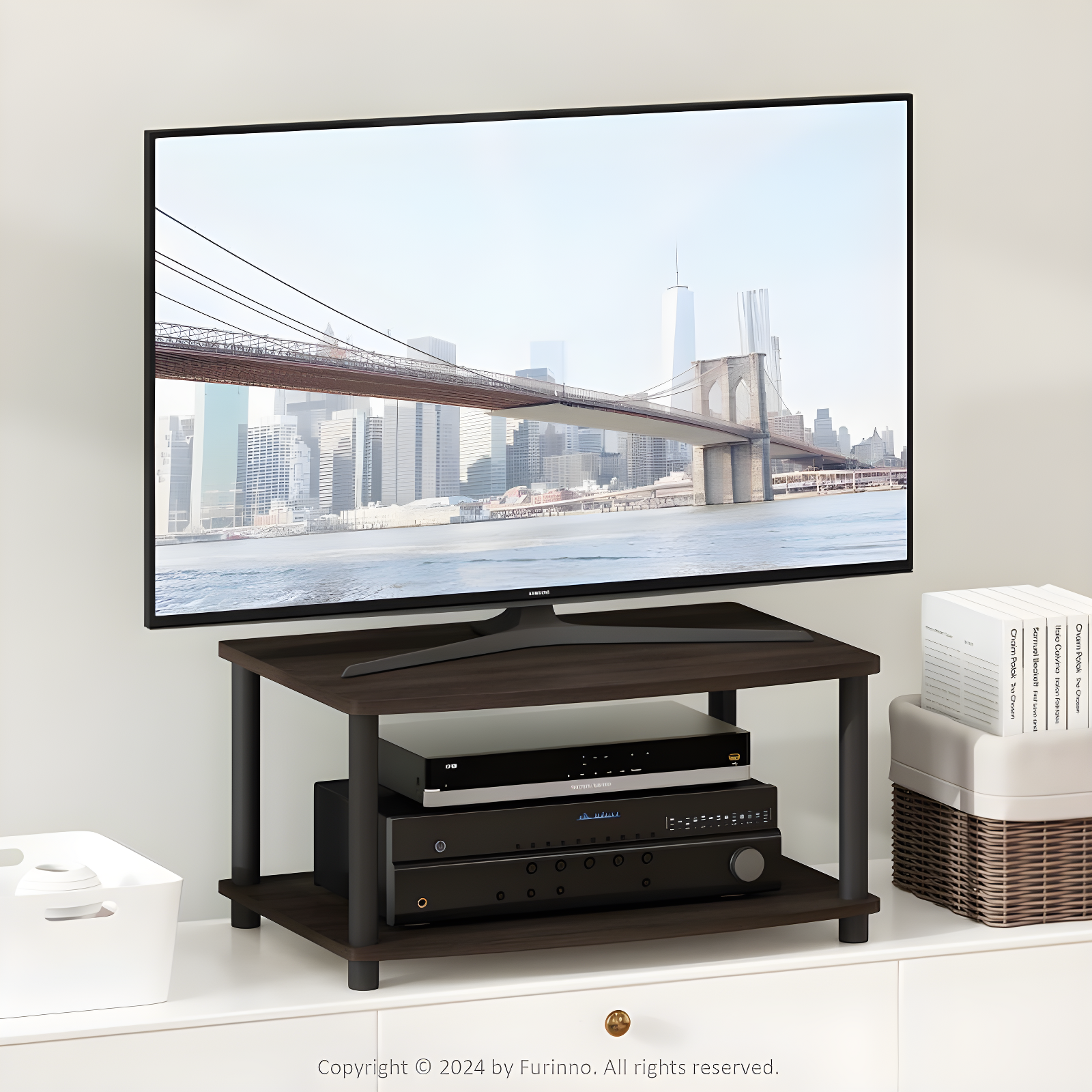 Furinno Industrial No Tools Elevated TV Stands with 2-tier Open Storage Shelves TV Console for TVs up to 25 inch Dark Brown/Black