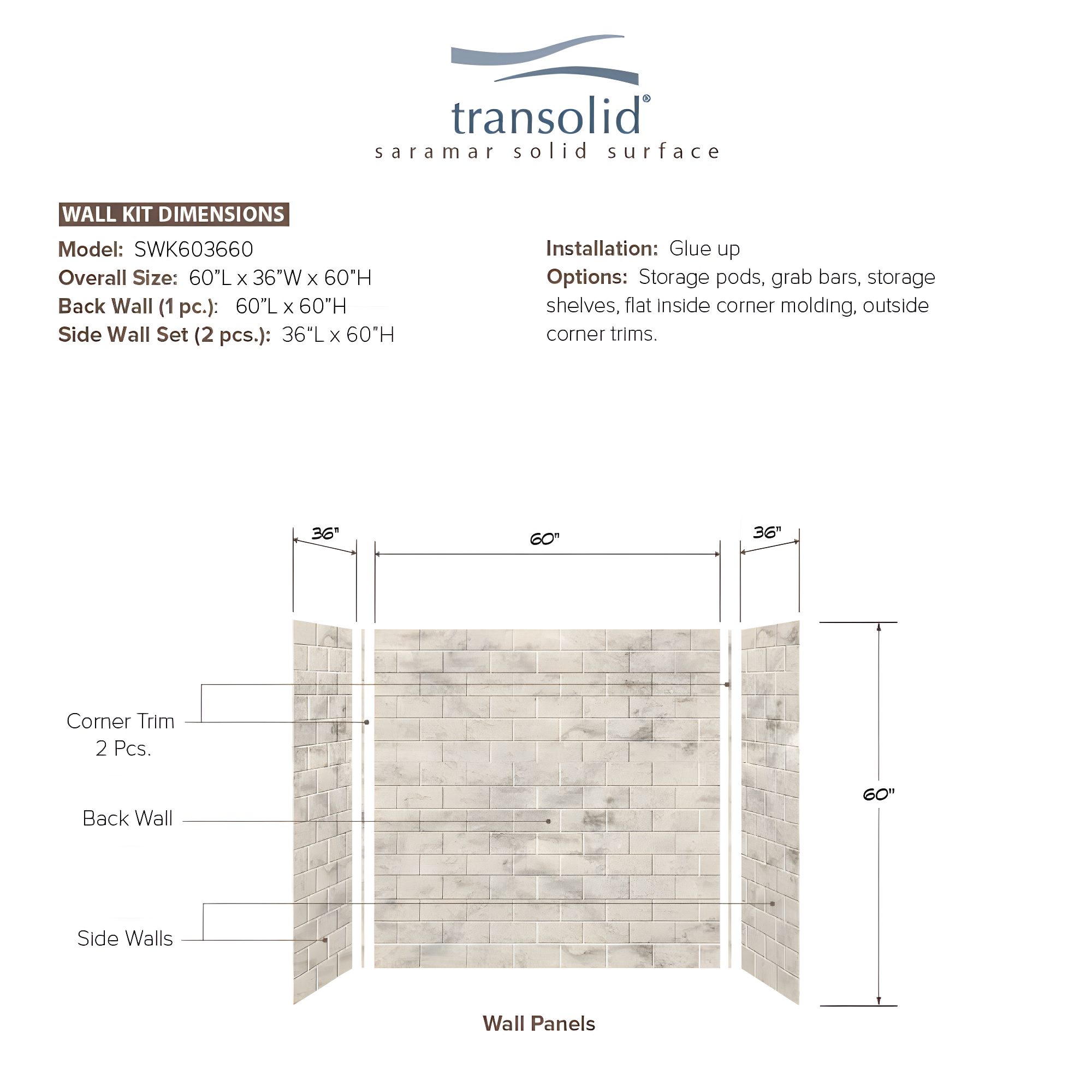 Transolid SaraMar 60'' W 36'' D 60'' H Glue Up Solid Surface Wall