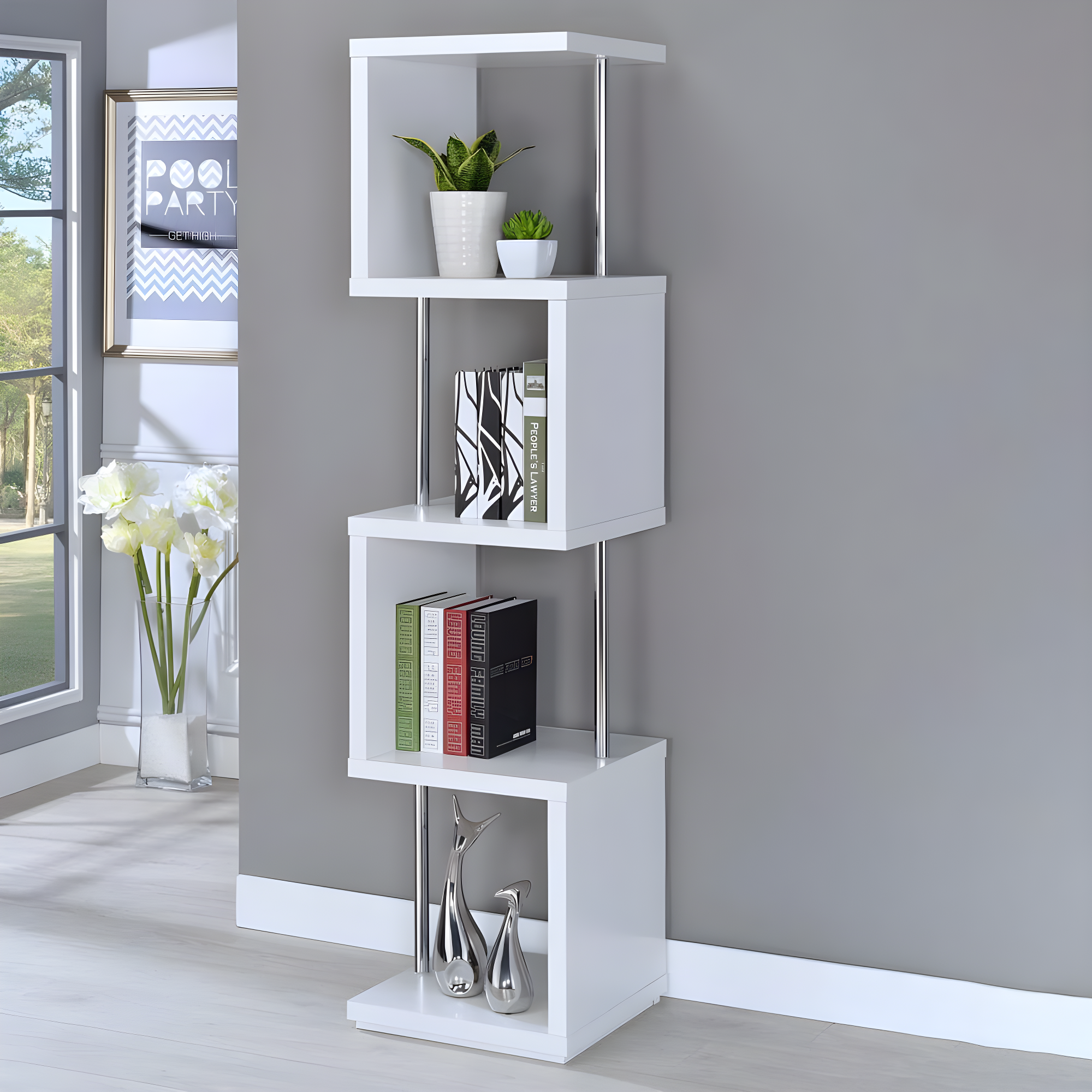 66.5" Baxter 4 Shelf Zig Zag Bookcase with Chrome Details White - Coaster: Modern Laminated Storage Display