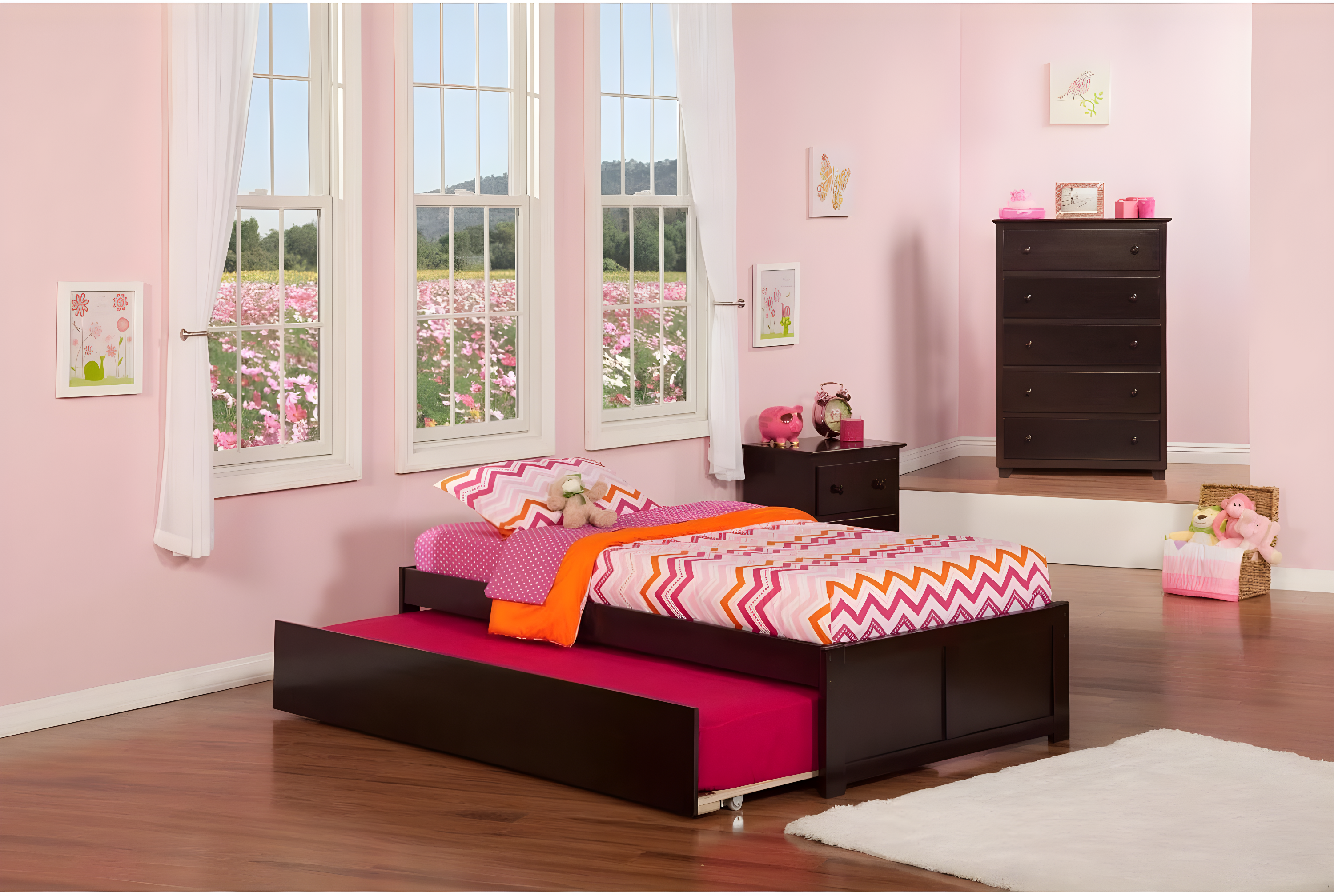Concord Platform Bed with Flat Panel Foot Board and Twin Size Urban Trundle Bed, Multiple Colors, Multiple Sizes