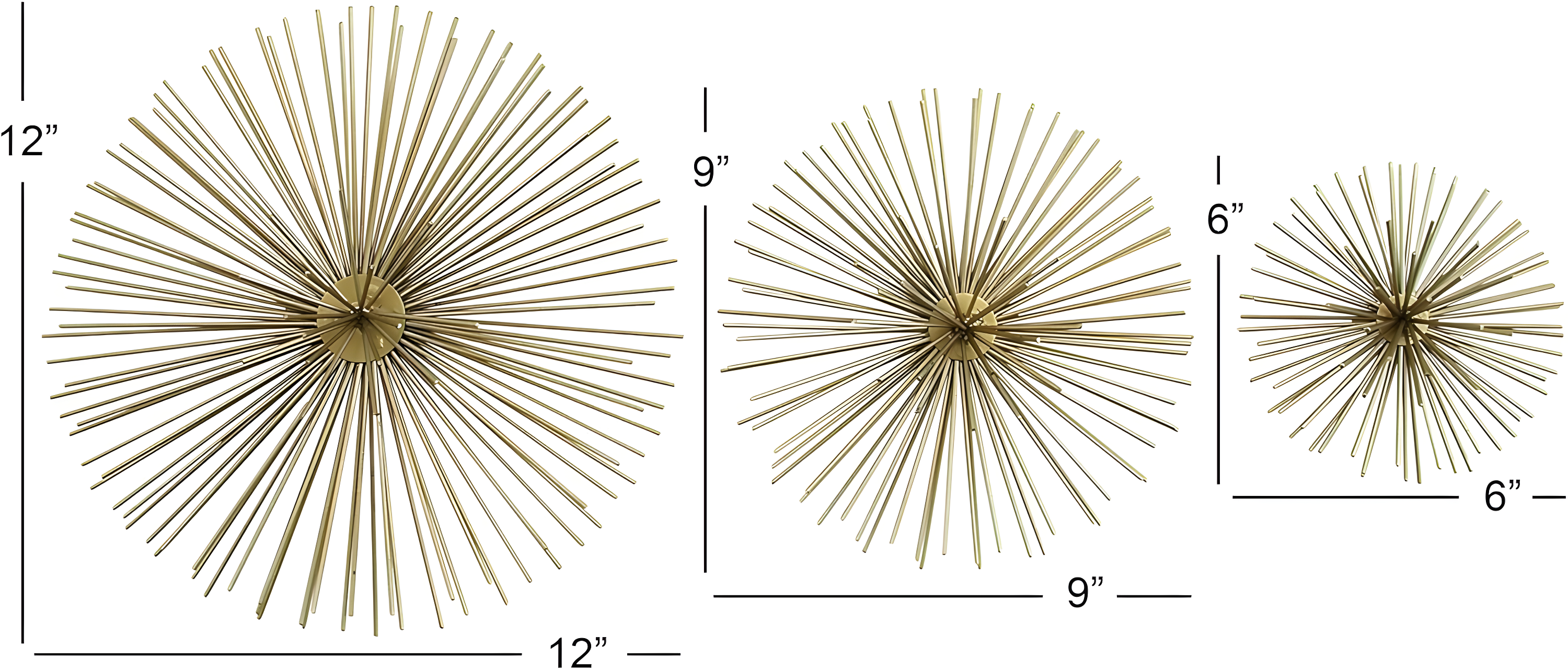 CosmoLiving by Cosmopolitan Gold Metal Starburst 3D Short Spike Home Wall Decor, Set of 3 6", 9", 12"W