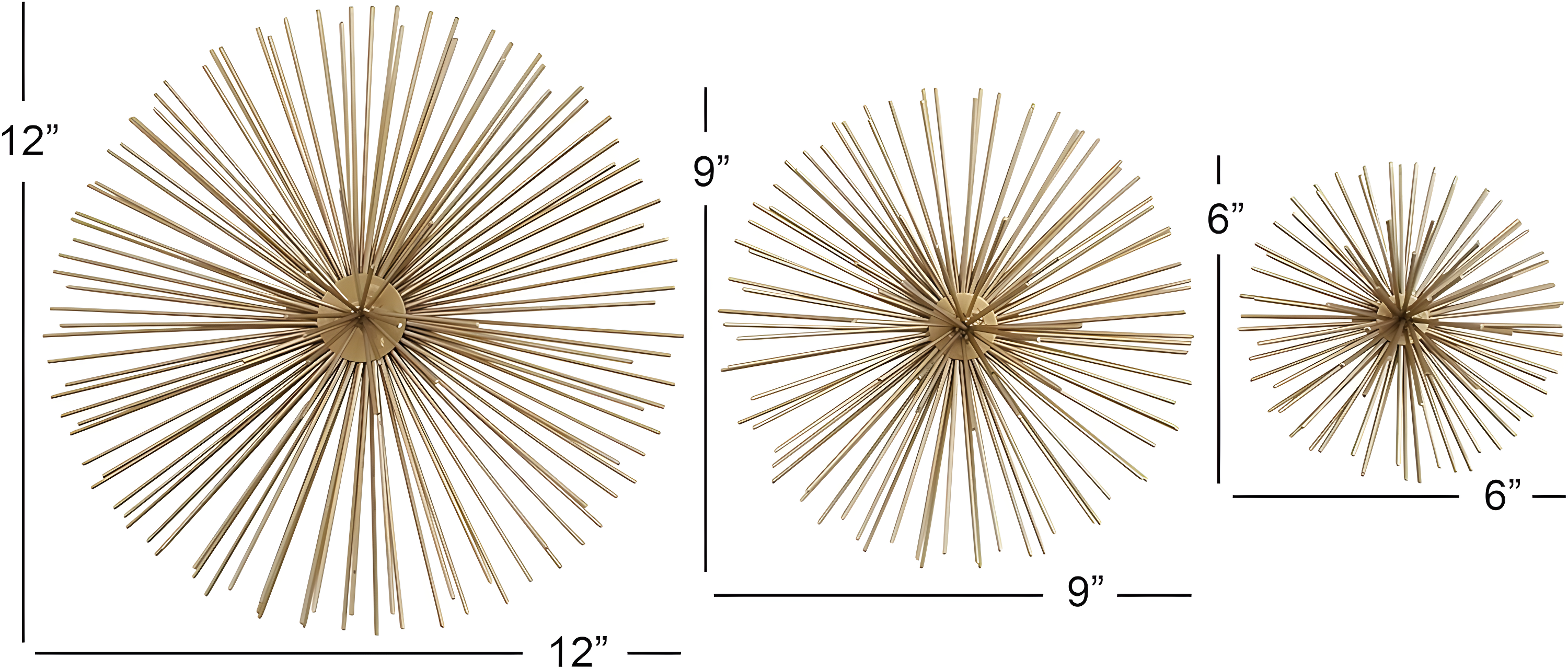 CosmoLiving by Cosmopolitan Gold Metal Starburst 3D Short Spike Home Wall Decor, Set of 3 6", 9", 12"W